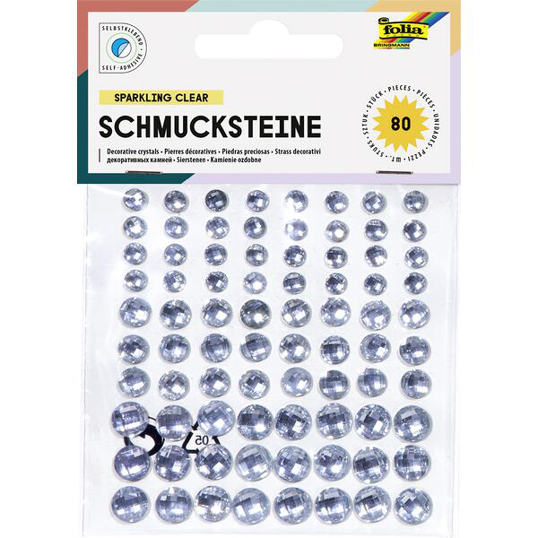 Crealive Schmucksteine selbstklebend - Sparkling Clear Spezifikationen: selbstklebende Schmucksteine durchsichtige Schmucksteine mit Diamantschliff 3 unterschiedliche Grössen Inhalt: 80 Schmucksteine Schmucksteine selbstklebend sind geeignet für: Karten Karten-Verzierungen Plotten Scrapbooking Geschenke kleine Tüten
