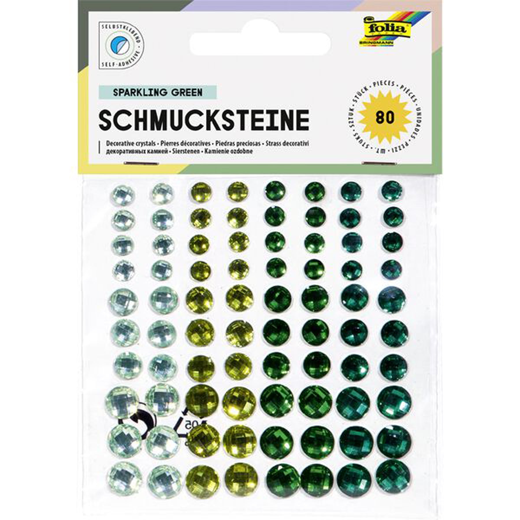 Crealive Schmucksteine selbstklebend - Sparkling Green Spezifikationen: selbstklebende Schmucksteine 4 harmonische Grüntöne 3 unterschiedliche Grössen Inhalt: 80 Schmucksteine Schmucksteine selbstklebend sind geeignet für: Karten Karten-Verzierungen Plotten Scrapbooking Geschenke kleine Tüten