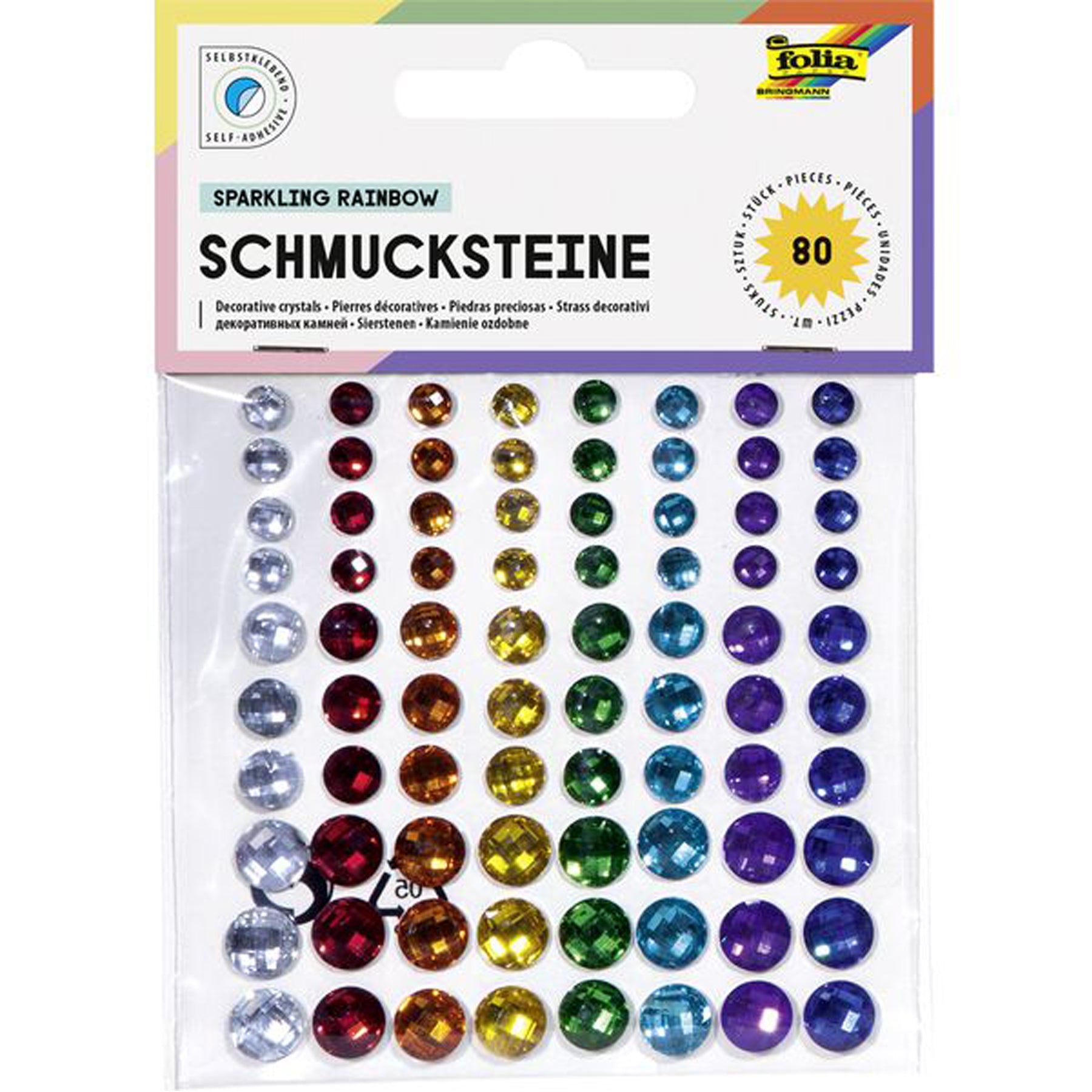 Crealive Schmucksteine selbstklebend - Sparkling Rainbow Spezifikationen: selbstklebende Schmucksteine durchsichtige Schmucksteine mit Diamantschliff 8 leuchtende Regenbogen-Farben 3 unterschiedliche Grössen 80 Schmucksteine Schmucksteine selbstklebend sind geeignet für: Karten Karten-Verzierungen Plotten Scrapbooking Geschenke kleine Tüten