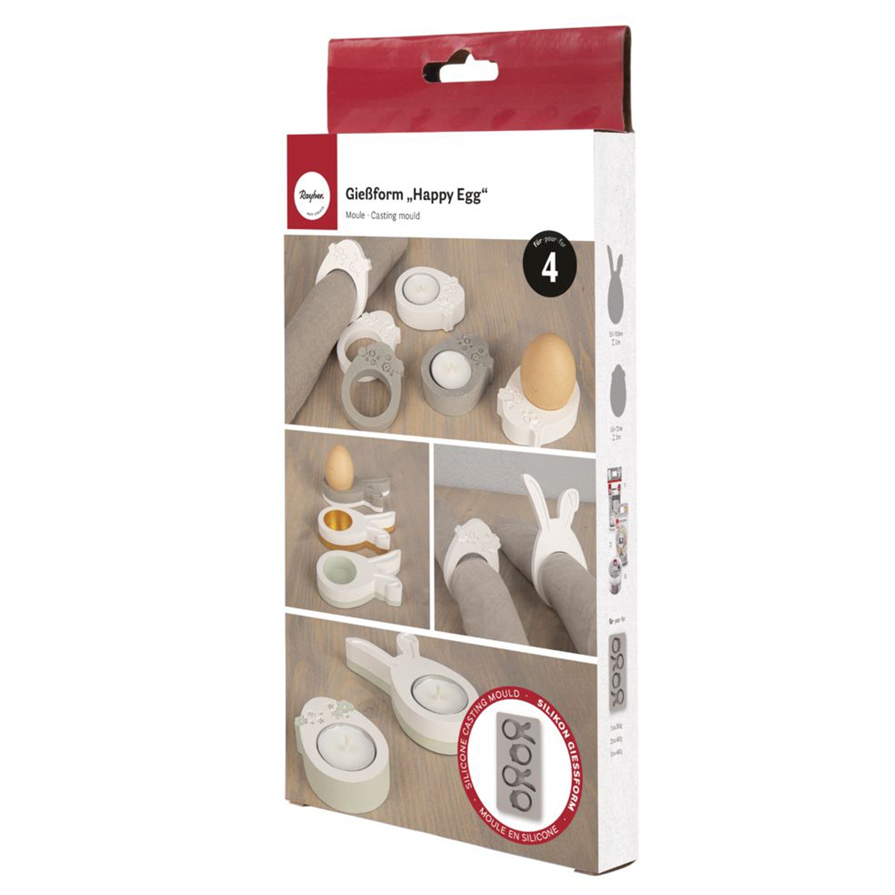 Crealive Giessform Silikon - Happy Egg Inhalt: • 1 Giessform Silikon - Happy Egg Spezifikationen: • Material: hochwertiges Silikon • frost- und hitzebeständig (-40° bis +240°) • immer wieder verwendbar Anleitung: • ca. 350 g Raysin 200 oder 350 g Raysin 250 anrühren Eine individuelle Osterdekoration! Diese Giessform ist etwas ganz Besonderes: Die Motive kannst du als Serviettenring und Eierbecher mit Loch in der Mitte oder als Teelichthalter mit Boden ausgießen.