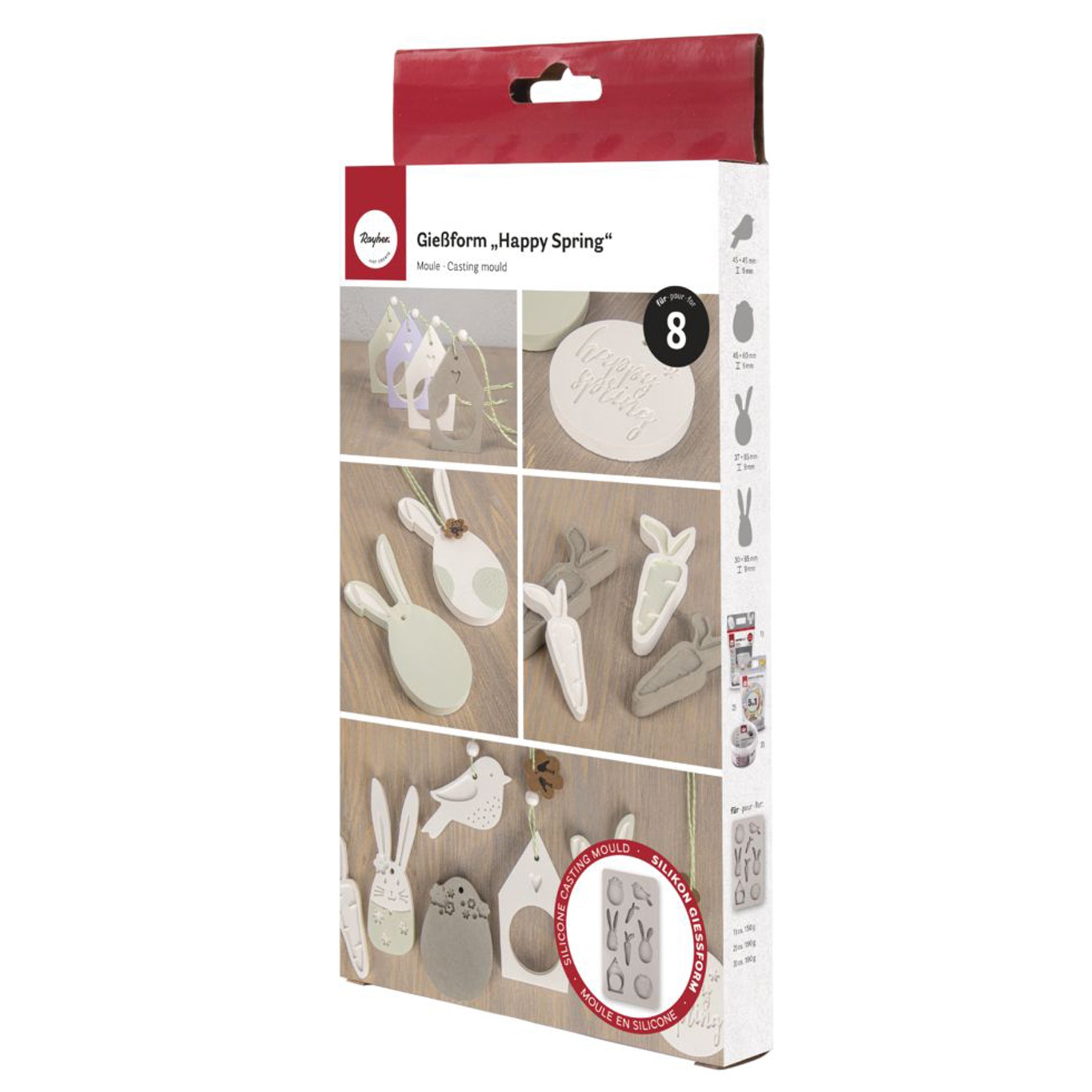 Crealive Giessform Silikon - Happy Sping - 1 x Vogel - 1 x Osterei - 1 x Schlappohr-Hase - 1 x Hase - 1 x runder Anhänger mit Text 'Happy Spring' - 1 x Haus - 1 x kleine Möhre - 1 x grosse Möhre • immer wieder verwendbar • kann auch für Kreativ-Beton oder Giessharz verwendet werden • ca. 150 g weisses Raysin 200 oder schwarzes Raysin 250 anrühren Gestalte deine individuelle Osterdekoration! Diese Giessformen sind zauberhafte Deko-Motive für deine Frühlings- und Osterdekoration.