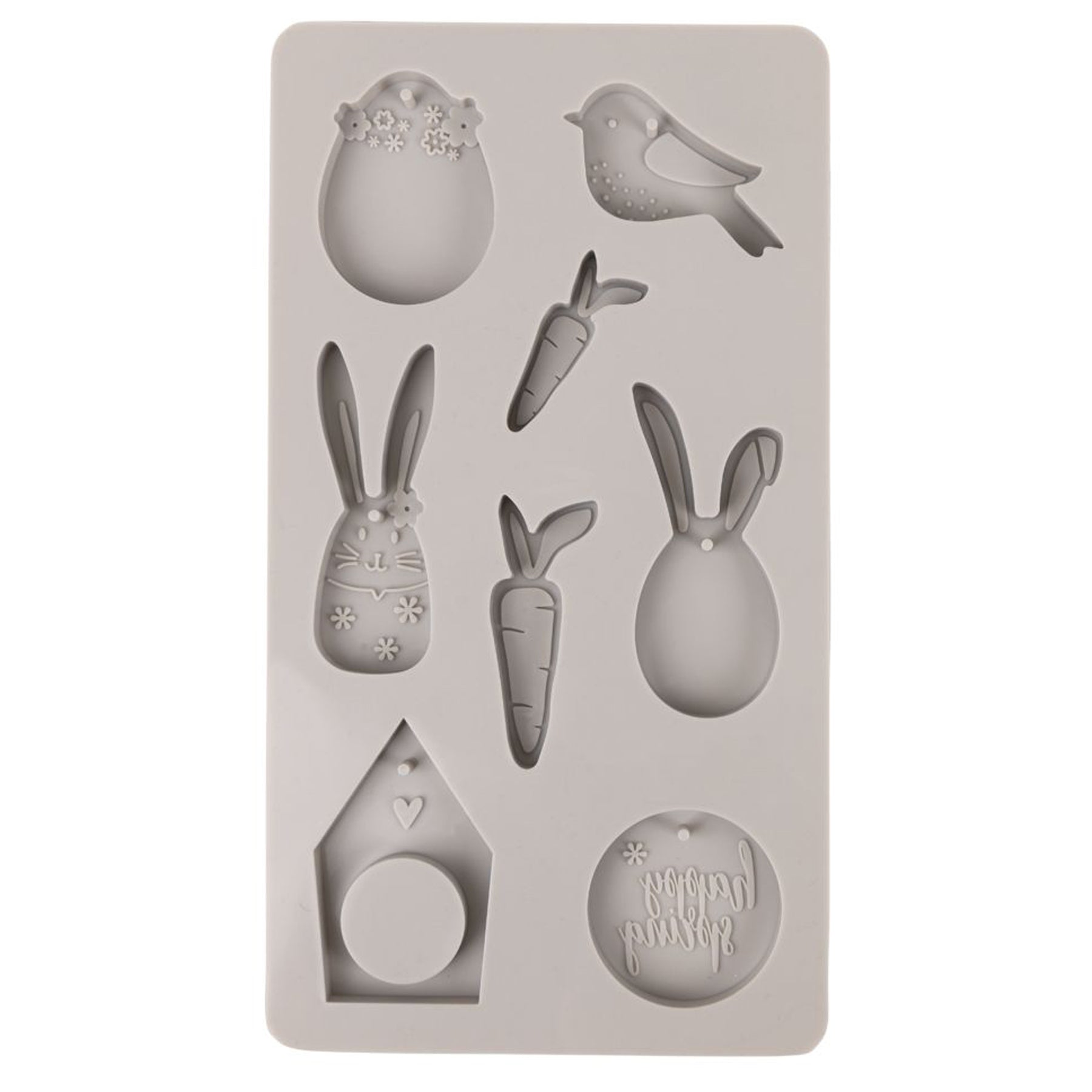 Crealive Giessform Silikon - Happy Sping - 1 x Vogel - 1 x Osterei - 1 x Schlappohr-Hase - 1 x Hase - 1 x runder Anhänger mit Text 'Happy Spring' - 1 x Haus - 1 x kleine Möhre - 1 x grosse Möhre • immer wieder verwendbar • kann auch für Kreativ-Beton oder Giessharz verwendet werden • ca. 150 g weisses Raysin 200 oder schwarzes Raysin 250 anrühren Gestalte deine individuelle Osterdekoration! Diese Giessformen sind zauberhafte Deko-Motive für deine Frühlings- und Osterdekoration.
