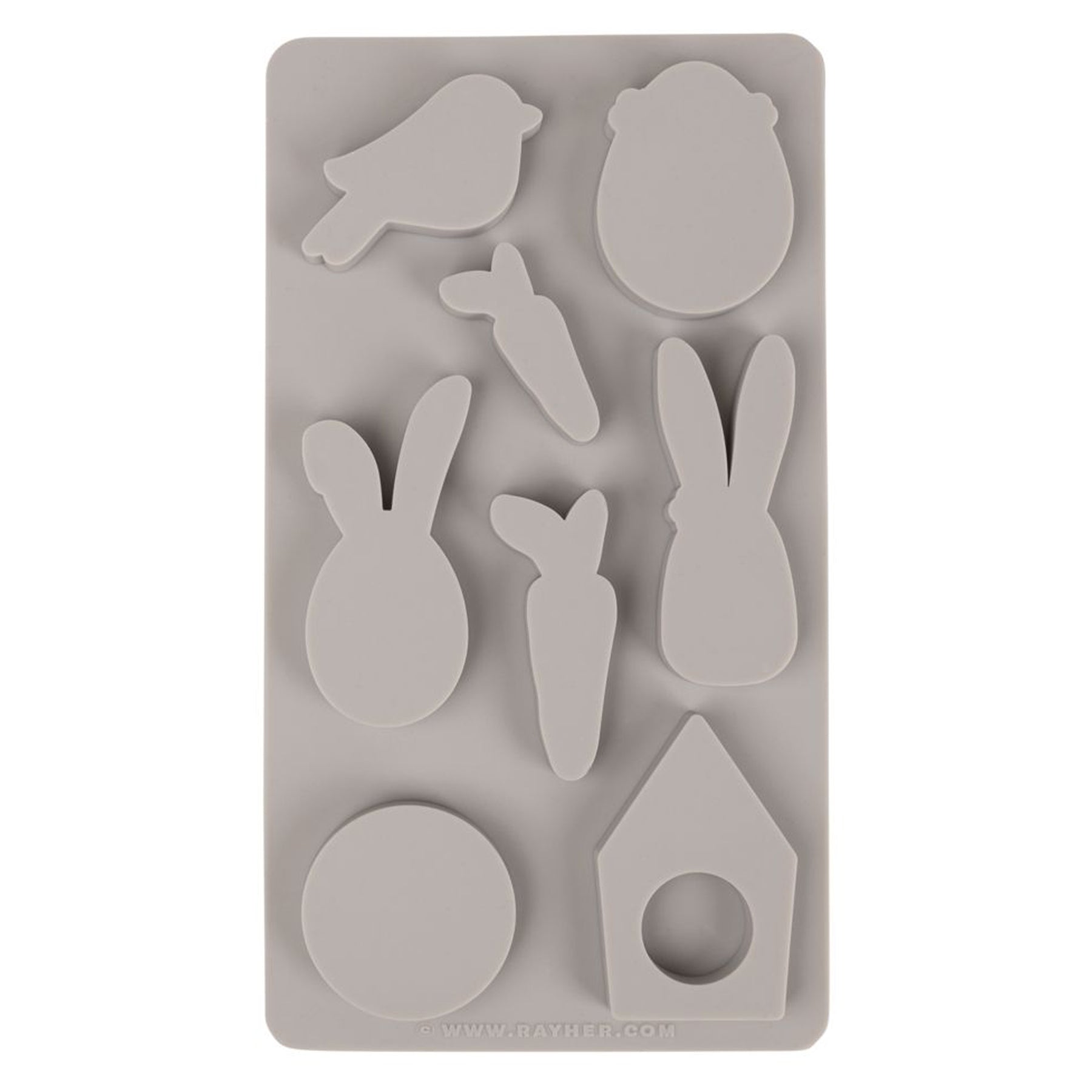 Crealive Giessform Silikon - Happy Sping - 1 x Vogel - 1 x Osterei - 1 x Schlappohr-Hase - 1 x Hase - 1 x runder Anhänger mit Text 'Happy Spring' - 1 x Haus - 1 x kleine Möhre - 1 x grosse Möhre • immer wieder verwendbar • kann auch für Kreativ-Beton oder Giessharz verwendet werden • ca. 150 g weisses Raysin 200 oder schwarzes Raysin 250 anrühren Gestalte deine individuelle Osterdekoration! Diese Giessformen sind zauberhafte Deko-Motive für deine Frühlings- und Osterdekoration.