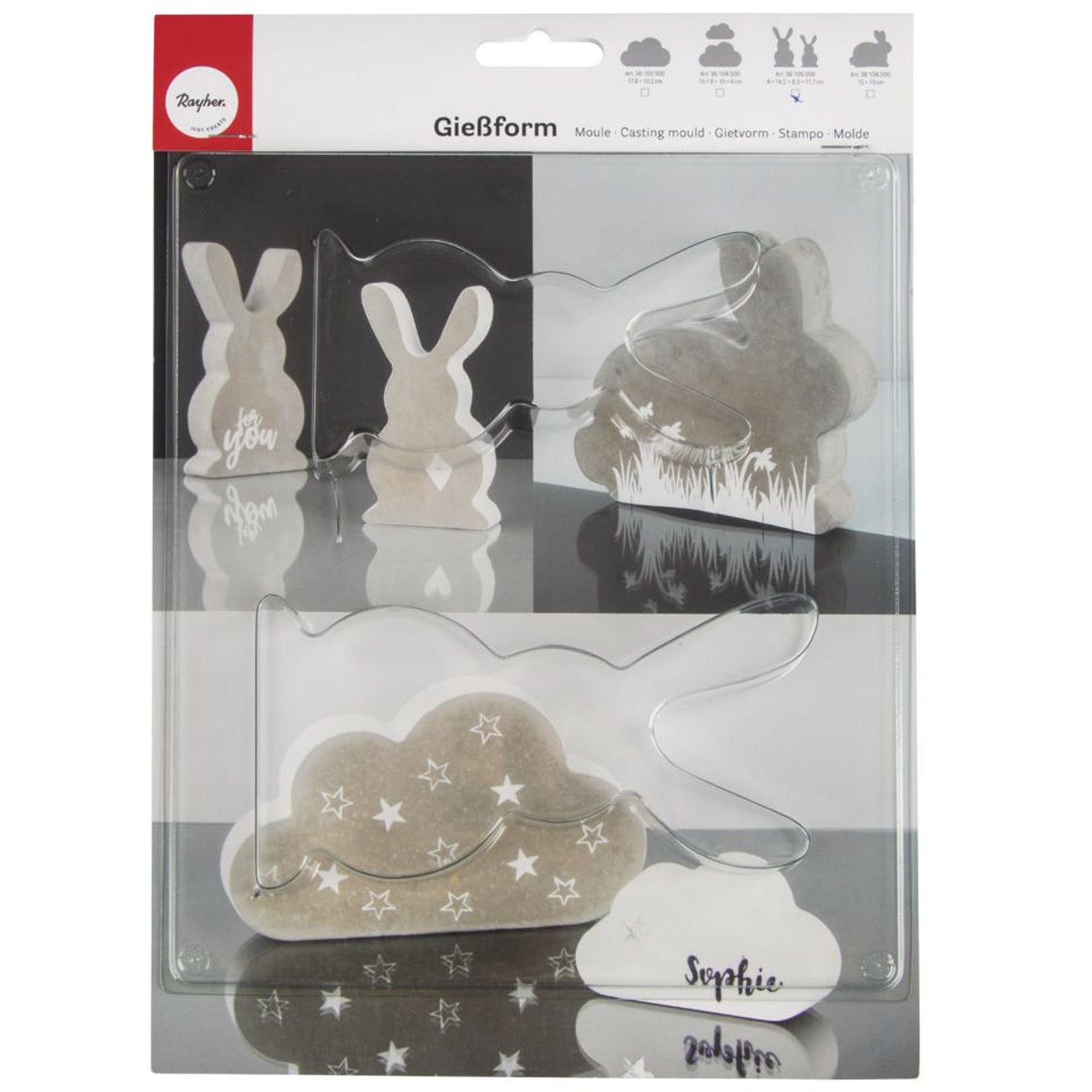 Crealive Giessform - Hasenfamilie Hallo Frühling! Heisse die Osterzeit mit einer selbst gegossenen Hasen-Dekoration willkommen. Die Giessform mit Hasenmotiven wird in Kombination mit Kreativbeton, Giesspulver oder Seife verwendet. Frühlingserwachen mit niedlicher Osterhasen-Dekoration. Inhalt: 1 Giessform mit 2 Hasen Spezifikationen: Material: hochwertiges, transparentes PET Formgrössen: 8 x 14.5 cm & 6.5 x 11.7 cm Motivtiefe: 3 cm