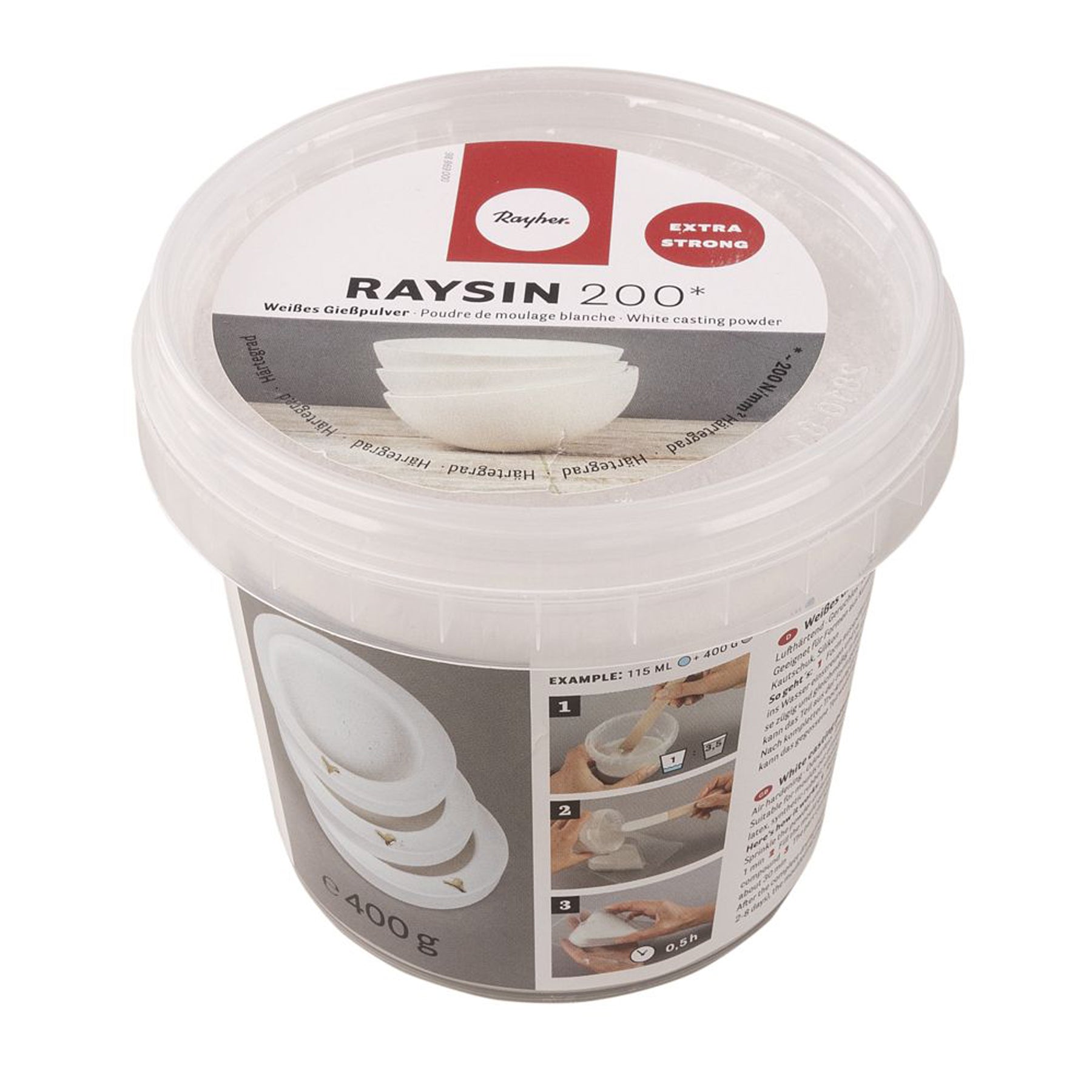 Crealive Giesspulver Raysin 200 - Weiss - 400 g
Inhalt:
• 1 Becher mit 400 g Raysin 200
Spezifikationen:
• Material: rein natürliches Calciumsulfat
• lufthärtend
• geruchlos
• lebensmittelneutral
• hohe Festigkeit 200N/mm²
• verwendbar für Giessformen aus Kunststoff (PET, LDPE, etc.), Latex, Silikon und Kautschuk
• bereits nach ca. 30 Minuten entformbar
• vollständige Durchtrocknung nach einigen Tagen (abhängig von der Grösse des Giesslings)
Raysin 200 ist geeignet für:
• grössere Gegenstände