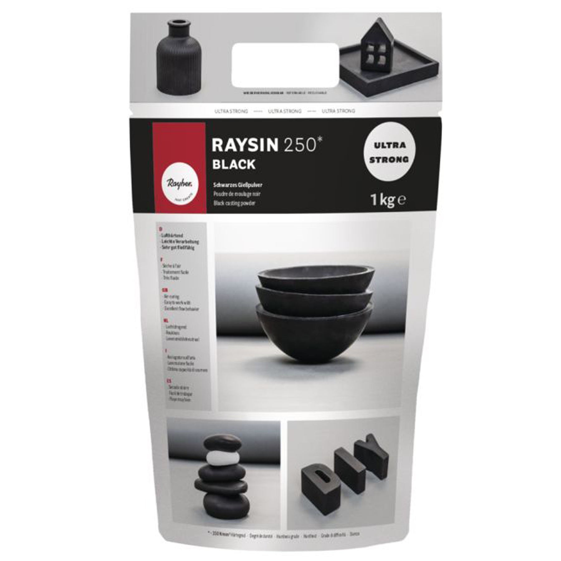 Crealive Giesspulver Raysin 250 - Schwarz - 1 kg Black meets White! Raysin Giesspulver jetzt auch in Schwarz! Das Raysin 250 Black überzeugt durch eine tiefschwarze Optik, samtartige Haptik und zusätzlich durch eine besonders hohe Festigkeit. Inhalt: 1 Beutel mit 1 kg Raysin in Schwarz Spezifikationen: Material: rein natürliches Calciumsulfat mit schwarzem Pigment lufthärtend geruchlos lebensmittelneutral gute Festigkeit 250N/mm²