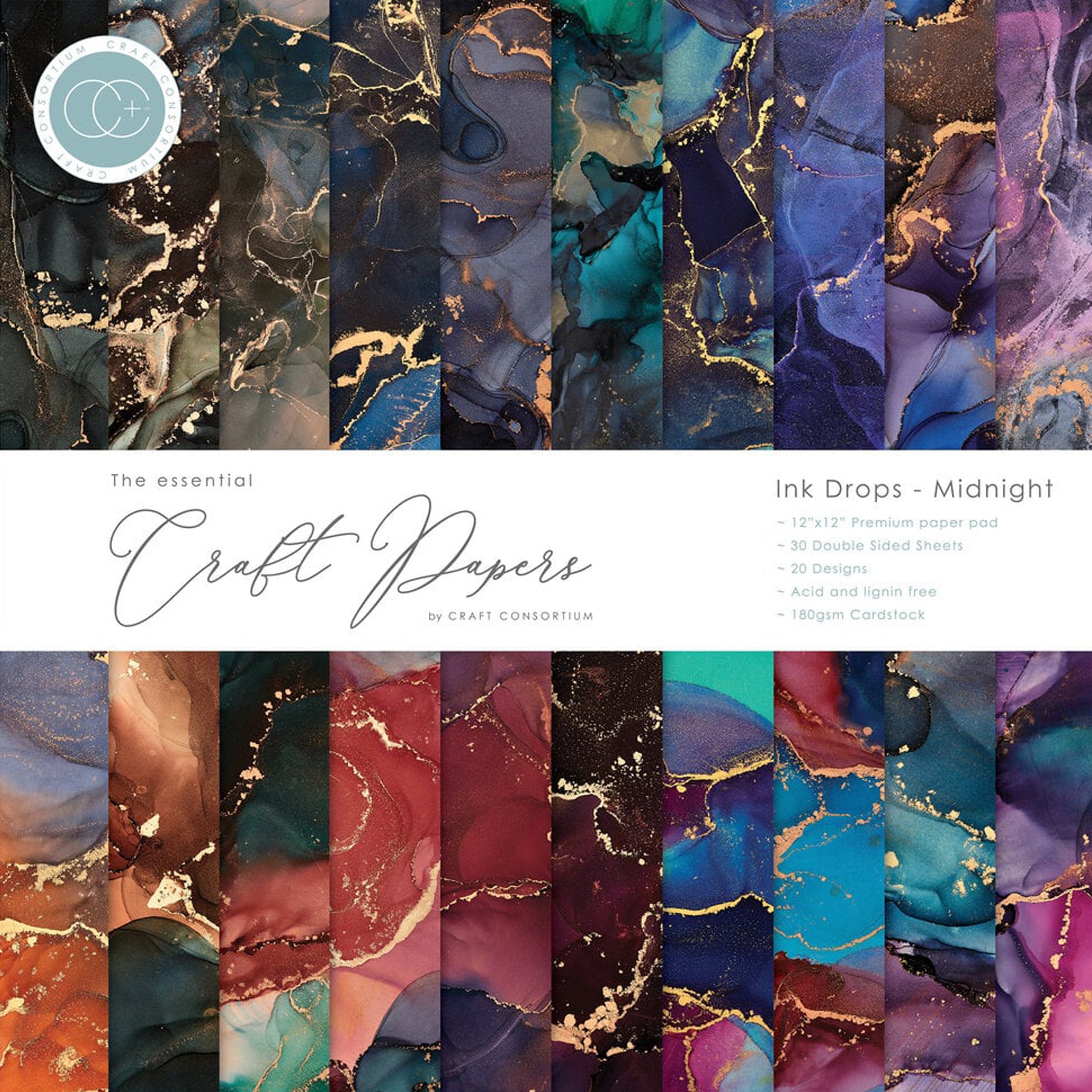 Crealive Premium Paper Pad 180 g/m2 - 12’’ x 12’’ - Ink Drops Midnight Spezifikationen: • 12’’ x 12’’ (30.5 cm x 30.5 cm) • 180 g/m2 • beidseitig bedruckt • säure- und ligninfrei • 20 Designs Inhalt: • 30 Bogen • 20 Designs • beidseitig bedruckt Dieses Paper Pad / Designpapier ist geeignet für: • Karten • Karten-Verzierungen • Kuverts • Geschenkboxen & Verpackungen • Plotten • Scrapbooking • Lettering • Basteln mit Kindern