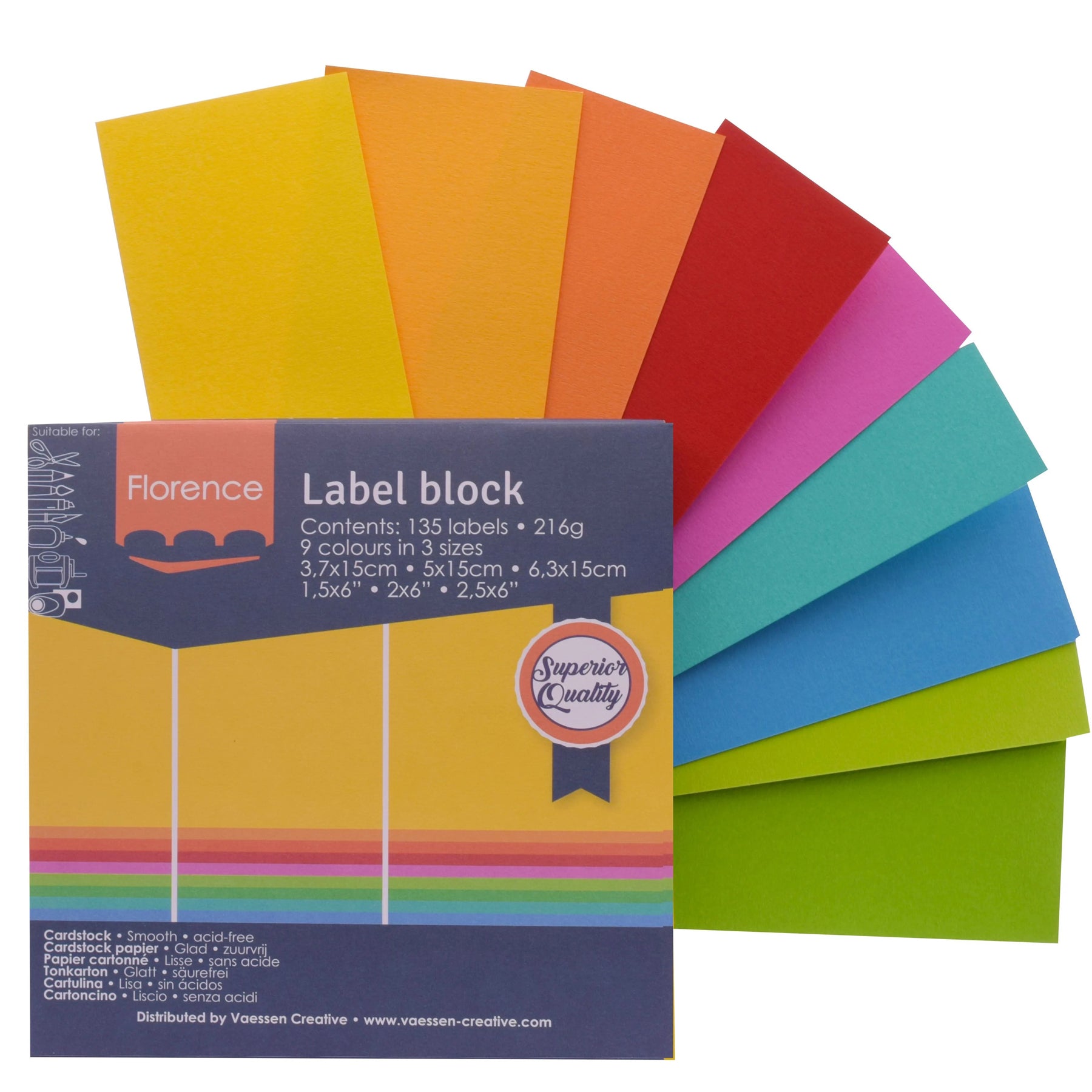 Crealive Label Block - Brights
Spezifikationen:
• 135 Etiketten
• 216 g/m2
• 9 Farben
• Grössen: 3.7 x 15 cm, 5 x 15 cm und 6.3 x 15 cm
• beidseitig farbig (voll durchgefärbt)
• beschreibbar
• säurefrei
• glatt mit leicht rauer Oberfläche
Diese Labels sind geeignet für:
• Etiketten
• Karten-Verzierungen
• Plotten
• Stanzen
• Prägen
• Scrapbooking
• Journaling
• Mixed Media
Dieser Label Block besteht aus stabilem Papier, das eine ideale Grundlage für Etiketten mit Handlettering, Zeichnen, Skizzieren und