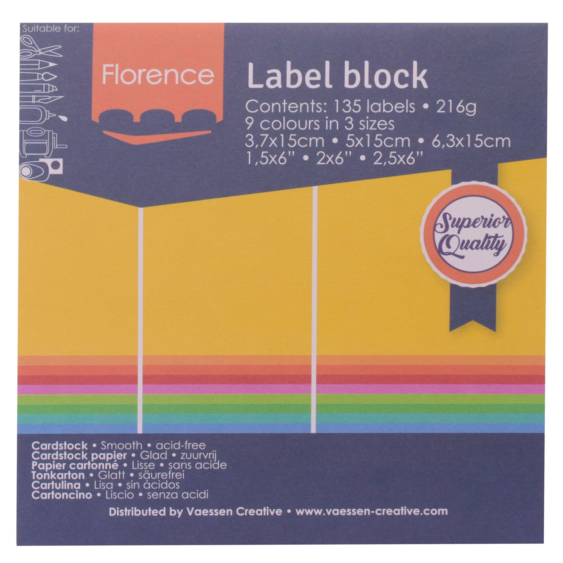 Crealive Label Block - Brights
Spezifikationen:
• 135 Etiketten
• 216 g/m2
• 9 Farben
• Grössen: 3.7 x 15 cm, 5 x 15 cm und 6.3 x 15 cm
• beidseitig farbig (voll durchgefärbt)
• beschreibbar
• säurefrei
• glatt mit leicht rauer Oberfläche
Diese Labels sind geeignet für:
• Etiketten
• Karten-Verzierungen
• Plotten
• Stanzen
• Prägen
• Scrapbooking
• Journaling
• Mixed Media
Dieser Label Block besteht aus stabilem Papier, das eine ideale Grundlage für Etiketten mit Handlettering, Zeichnen, Skizzieren und