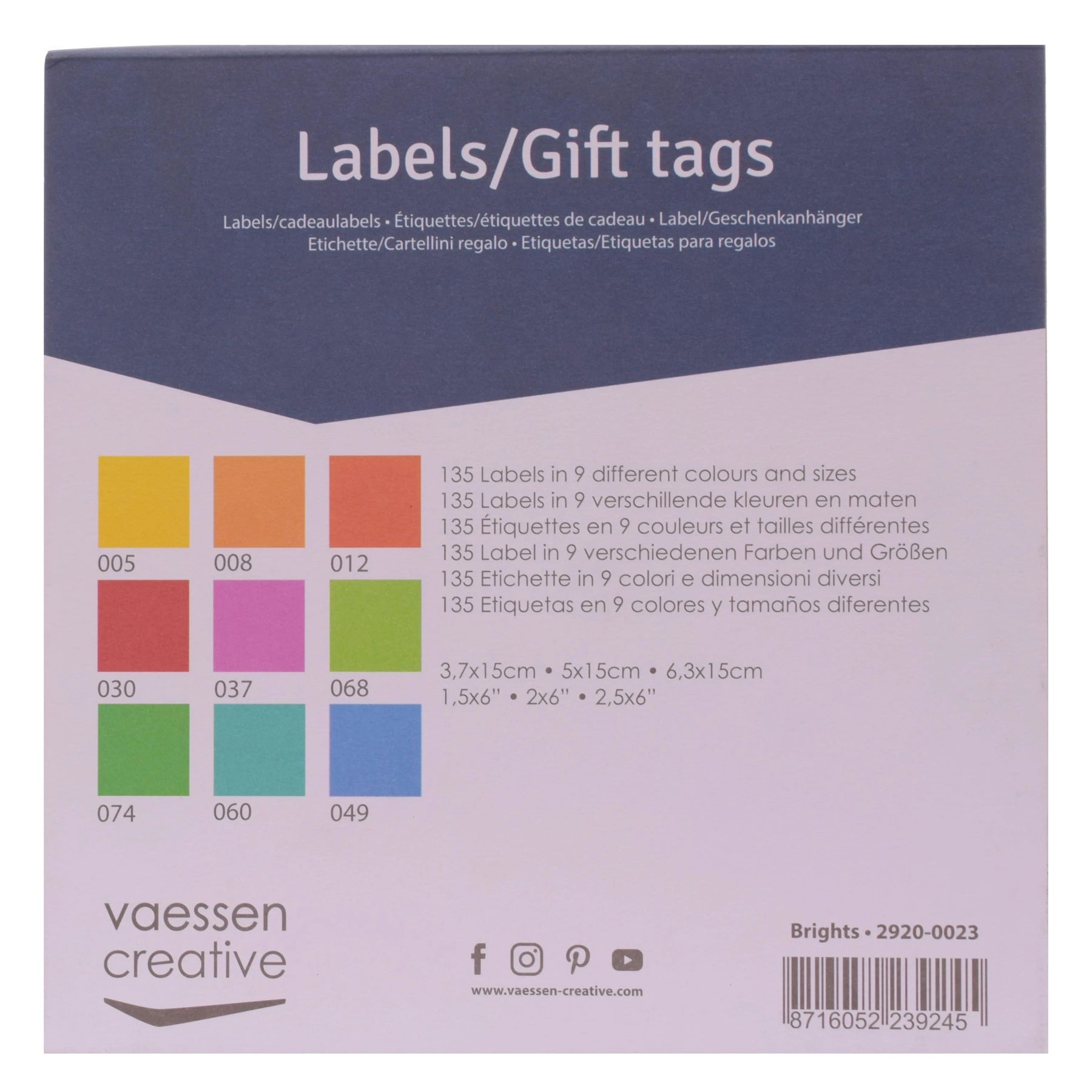 Crealive Label Block - Brights
Spezifikationen:
• 135 Etiketten
• 216 g/m2
• 9 Farben
• Grössen: 3.7 x 15 cm, 5 x 15 cm und 6.3 x 15 cm
• beidseitig farbig (voll durchgefärbt)
• beschreibbar
• säurefrei
• glatt mit leicht rauer Oberfläche
Diese Labels sind geeignet für:
• Etiketten
• Karten-Verzierungen
• Plotten
• Stanzen
• Prägen
• Scrapbooking
• Journaling
• Mixed Media
Dieser Label Block besteht aus stabilem Papier, das eine ideale Grundlage für Etiketten mit Handlettering, Zeichnen, Skizzieren und