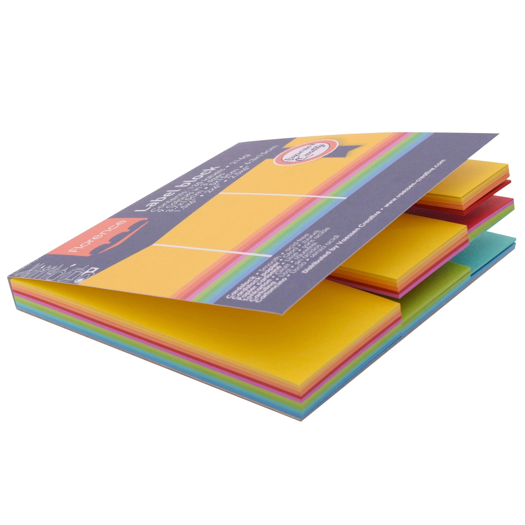 Crealive Label Block - Brights
Spezifikationen:
• 135 Etiketten
• 216 g/m2
• 9 Farben
• Grössen: 3.7 x 15 cm, 5 x 15 cm und 6.3 x 15 cm
• beidseitig farbig (voll durchgefärbt)
• beschreibbar
• säurefrei
• glatt mit leicht rauer Oberfläche
Diese Labels sind geeignet für:
• Etiketten
• Karten-Verzierungen
• Plotten
• Stanzen
• Prägen
• Scrapbooking
• Journaling
• Mixed Media
Dieser Label Block besteht aus stabilem Papier, das eine ideale Grundlage für Etiketten mit Handlettering, Zeichnen, Skizzieren und