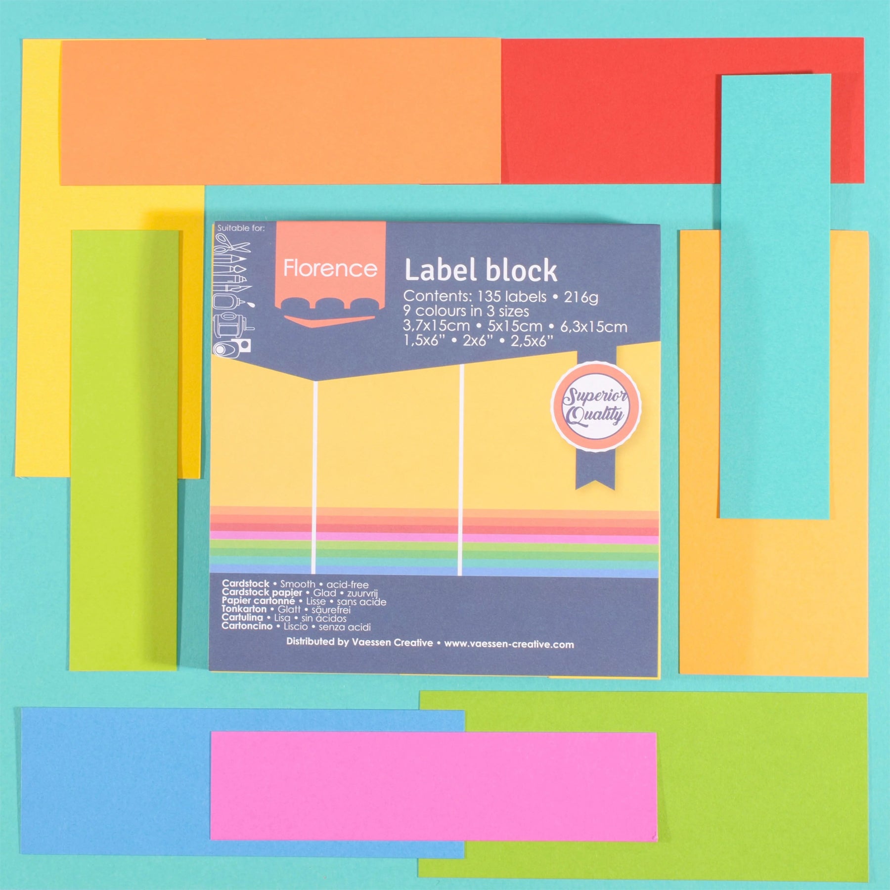 Crealive Label Block - Brights
Spezifikationen:
• 135 Etiketten
• 216 g/m2
• 9 Farben
• Grössen: 3.7 x 15 cm, 5 x 15 cm und 6.3 x 15 cm
• beidseitig farbig (voll durchgefärbt)
• beschreibbar
• säurefrei
• glatt mit leicht rauer Oberfläche
Diese Labels sind geeignet für:
• Etiketten
• Karten-Verzierungen
• Plotten
• Stanzen
• Prägen
• Scrapbooking
• Journaling
• Mixed Media
Dieser Label Block besteht aus stabilem Papier, das eine ideale Grundlage für Etiketten mit Handlettering, Zeichnen, Skizzieren und