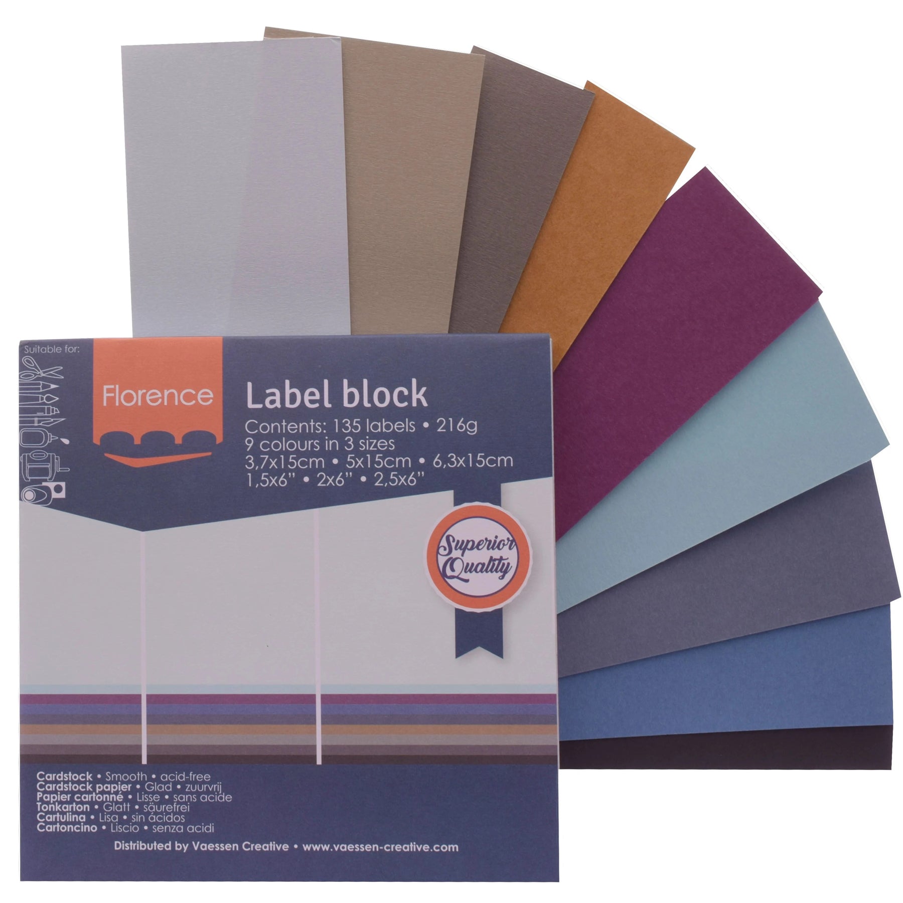 Crealive Label Block - Neutral
Spezifikationen:
• 135 Etiketten
• 216 g/m2
• 9 Farben
• Grössen: 3.7 x 15 cm, 5 x 15 cm und 6.3 x 15 cm
• beidseitig farbig (voll durchgefärbt)
• beschreibbar
• säurefrei
• glatt mit leicht rauer Oberfläche
Diese Labels sind geeignet für:
• Etiketten
• Karten-Verzierungen
• Plotten
• Stanzen
• Prägen
• Scrapbooking
• Journaling
• Mixed Media
Dieser Label Block besteht aus stabilem Papier, das eine ideale Grundlage für Etiketten mit Handlettering, Zeichnen, Skizzieren und
