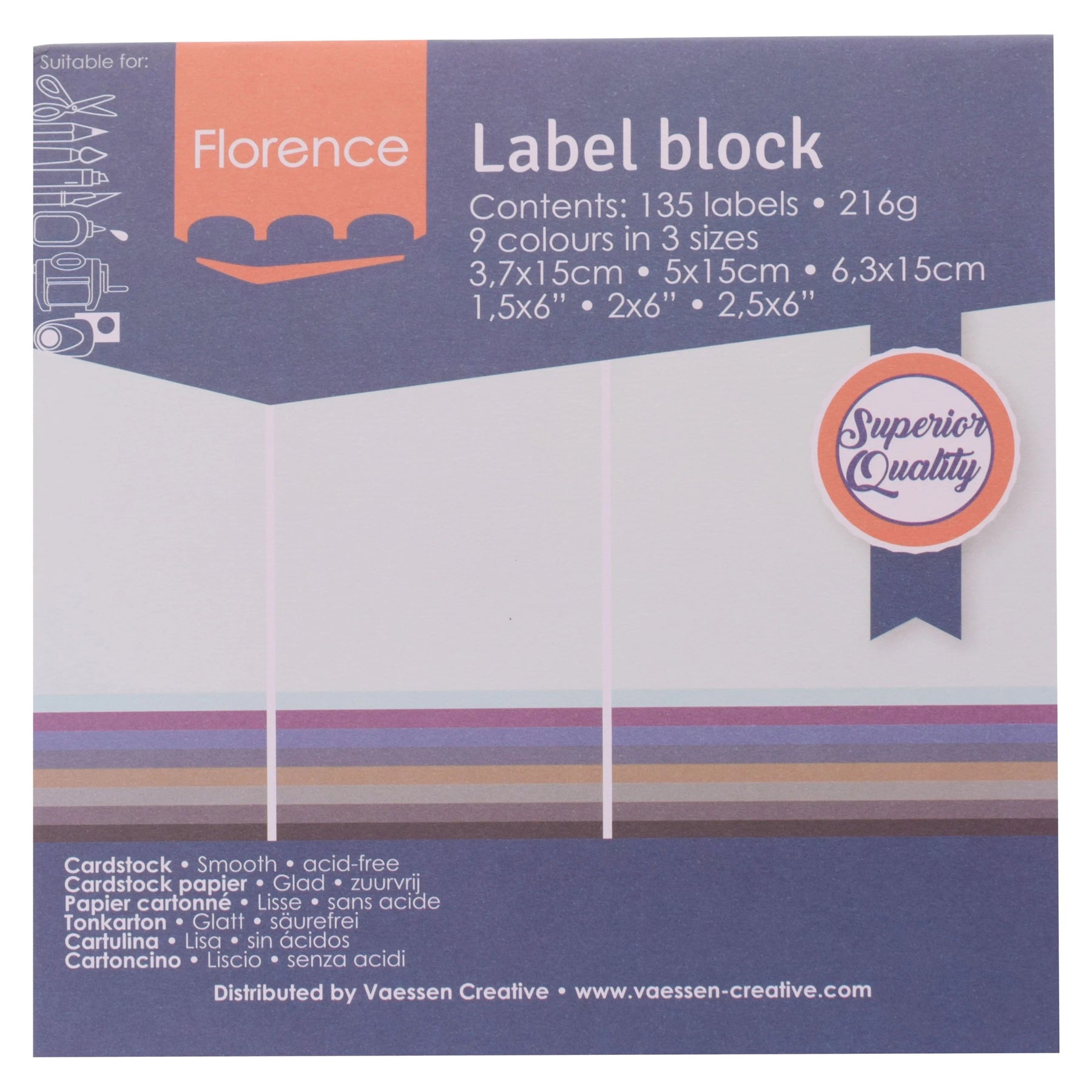 Crealive Label Block - Neutral
Spezifikationen:
• 135 Etiketten
• 216 g/m2
• 9 Farben
• Grössen: 3.7 x 15 cm, 5 x 15 cm und 6.3 x 15 cm
• beidseitig farbig (voll durchgefärbt)
• beschreibbar
• säurefrei
• glatt mit leicht rauer Oberfläche
Diese Labels sind geeignet für:
• Etiketten
• Karten-Verzierungen
• Plotten
• Stanzen
• Prägen
• Scrapbooking
• Journaling
• Mixed Media
Dieser Label Block besteht aus stabilem Papier, das eine ideale Grundlage für Etiketten mit Handlettering, Zeichnen, Skizzieren und