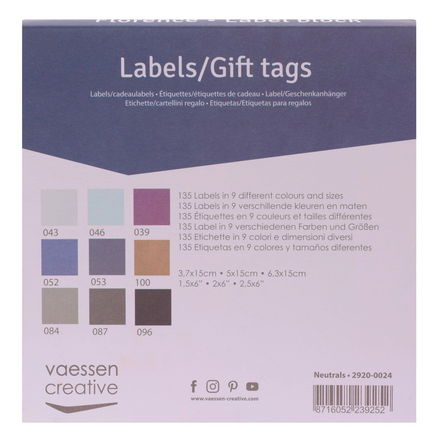 Crealive Label Block - Neutral
Spezifikationen:
• 135 Etiketten
• 216 g/m2
• 9 Farben
• Grössen: 3.7 x 15 cm, 5 x 15 cm und 6.3 x 15 cm
• beidseitig farbig (voll durchgefärbt)
• beschreibbar
• säurefrei
• glatt mit leicht rauer Oberfläche
Diese Labels sind geeignet für:
• Etiketten
• Karten-Verzierungen
• Plotten
• Stanzen
• Prägen
• Scrapbooking
• Journaling
• Mixed Media
Dieser Label Block besteht aus stabilem Papier, das eine ideale Grundlage für Etiketten mit Handlettering, Zeichnen, Skizzieren und