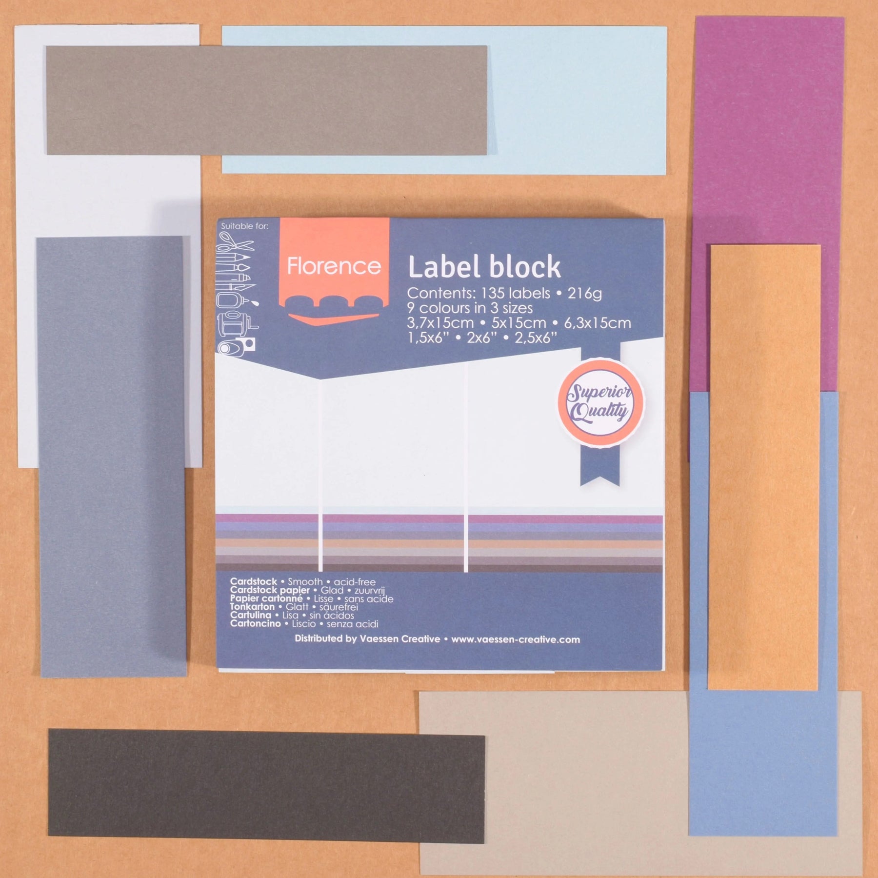 Crealive Label Block - Neutral
Spezifikationen:
• 135 Etiketten
• 216 g/m2
• 9 Farben
• Grössen: 3.7 x 15 cm, 5 x 15 cm und 6.3 x 15 cm
• beidseitig farbig (voll durchgefärbt)
• beschreibbar
• säurefrei
• glatt mit leicht rauer Oberfläche
Diese Labels sind geeignet für:
• Etiketten
• Karten-Verzierungen
• Plotten
• Stanzen
• Prägen
• Scrapbooking
• Journaling
• Mixed Media
Dieser Label Block besteht aus stabilem Papier, das eine ideale Grundlage für Etiketten mit Handlettering, Zeichnen, Skizzieren und