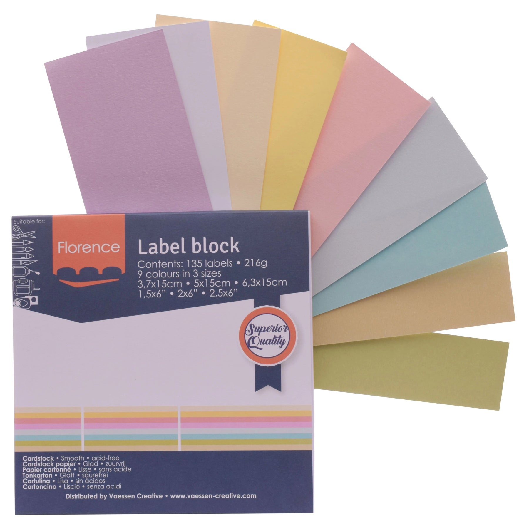 Crealive Label Block - Pastels
Spezifikationen:
• 135 Etiketten
• 216 g/m2
• 9 Farben
• Grössen: 3.7 x 15 cm, 5 x 15 cm und 6.3 x 15 cm
• beidseitig farbig (voll durchgefärbt)
• beschreibbar
• säurefrei
• glatt mit leicht rauer Oberfläche
Diese Labels sind geeignet für:
• Etiketten
• Karten-Verzierungen
• Plotten
• Stanzen
• Prägen
• Scrapbooking
• Journaling
• Mixed Media
Dieser Label Block besteht aus stabilem Papier, das eine ideale Grundlage für Etiketten mit Handlettering, Zeichnen, Skizzieren und