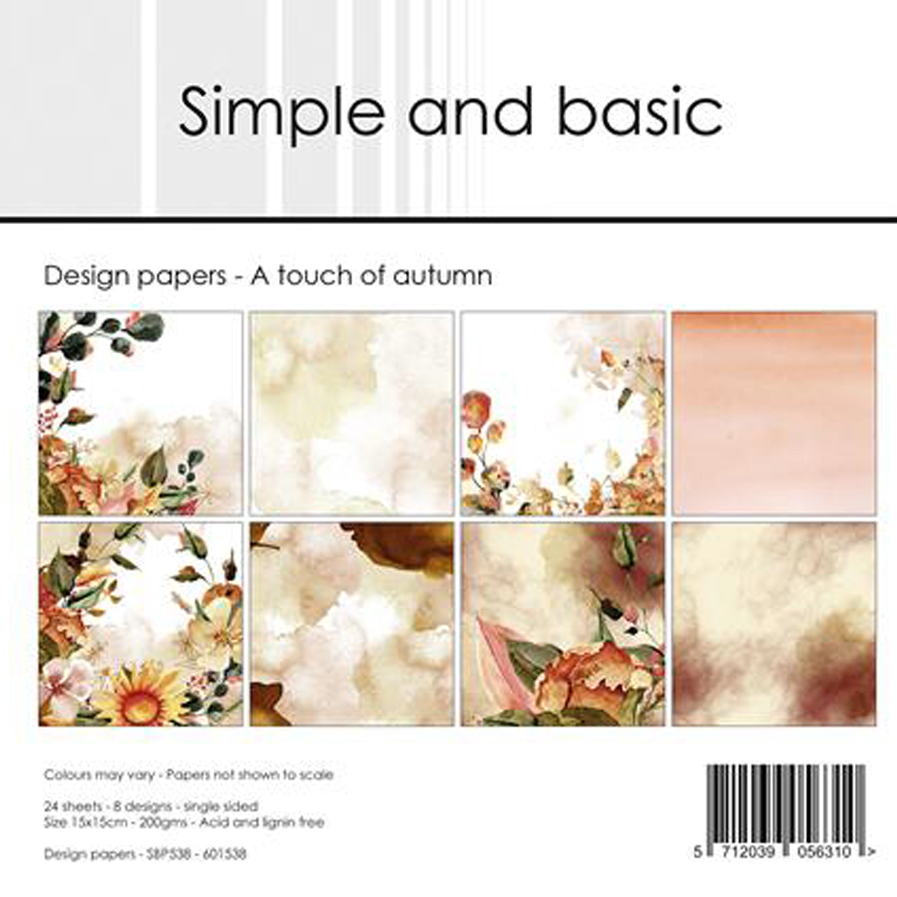 Paper Pad 200 g/m2 - 15 cm x 15 cm - A touch of autumn
Inhalt:
• 24 Blatt
• 8 Designs
Spezifikationen:
• 15 cm x 15 cm
• 200 g/m2
• einseitig bedruckt
• säure- und ligninfrei
Dieses Paper Pad ist geeignet für:
• Karten
• Boxen
• 3D-Projekte
• kleine Geschenkboxen & Verpackungen
• Plotten
• Scrapbooking