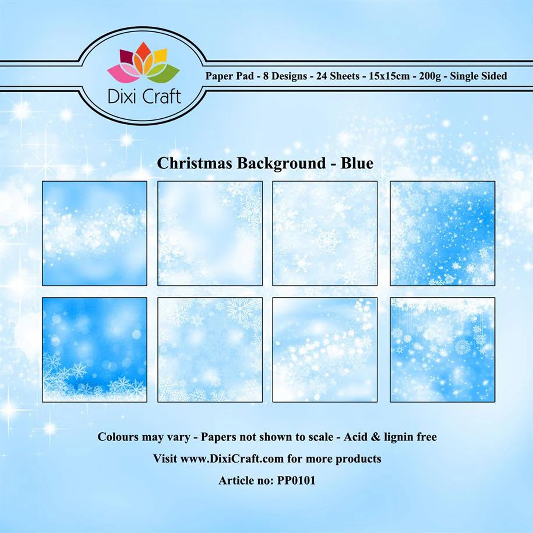 Crealive Paper Pad 200 g/m2 - 15 cm x 15 cm – Christmas Background Blue
Inhalt:
• 24 Blatt
• 8 Designs
Spezifikationen:
• 15 cm x 15 cm
• 200 g/m2
• einseitig bedruckt
• säure- und ligninfrei
Dieses Paper Pad ist geeignet für:
• Karten
• Boxen
• 3D-Projekte
• kleine Geschenkboxen & Verpackungen
• Plotten
• Scrapbooking