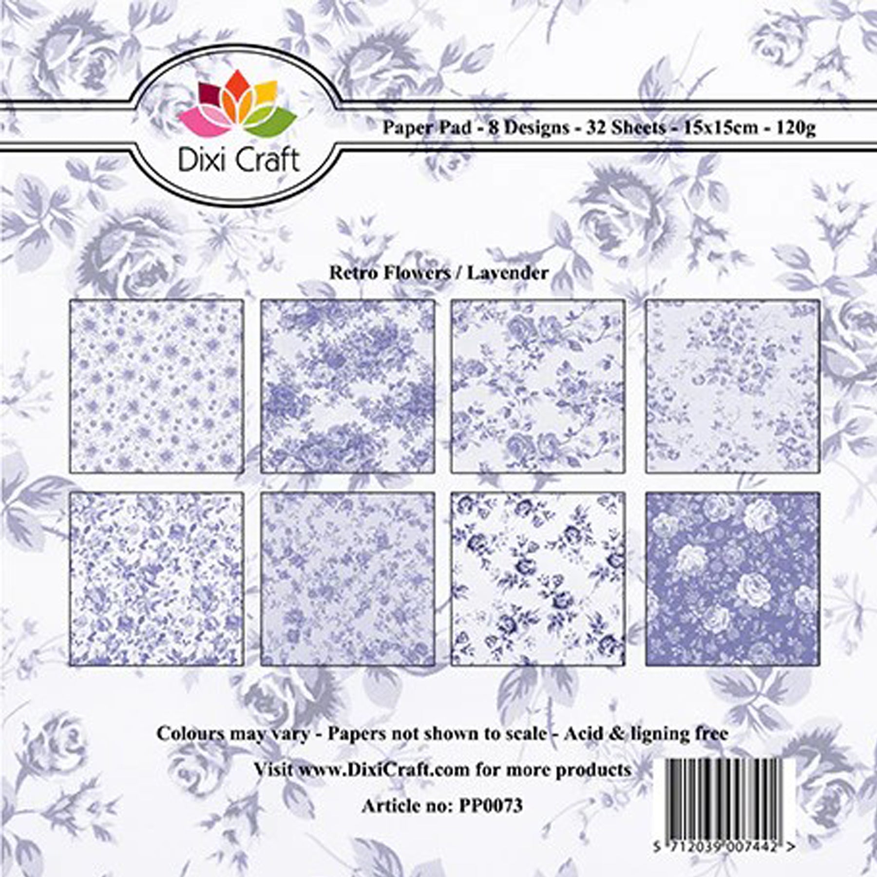 Crealive Paper Pad 120 g/m2 - 15 cm x 15 cm – Retro Flowers / Lavender
Inhalt:
• 32 Blatt
• 8 Designs
Spezifikationen:
• 15 cm x 15 cm
• 120 g/m2
• einseitig bedruckt
• säure- und ligninfrei
Dieses Paper Pad ist geeignet für:
• Karten
• Karten- und Boxendekorationen
• Plotten
• Scrapbooking