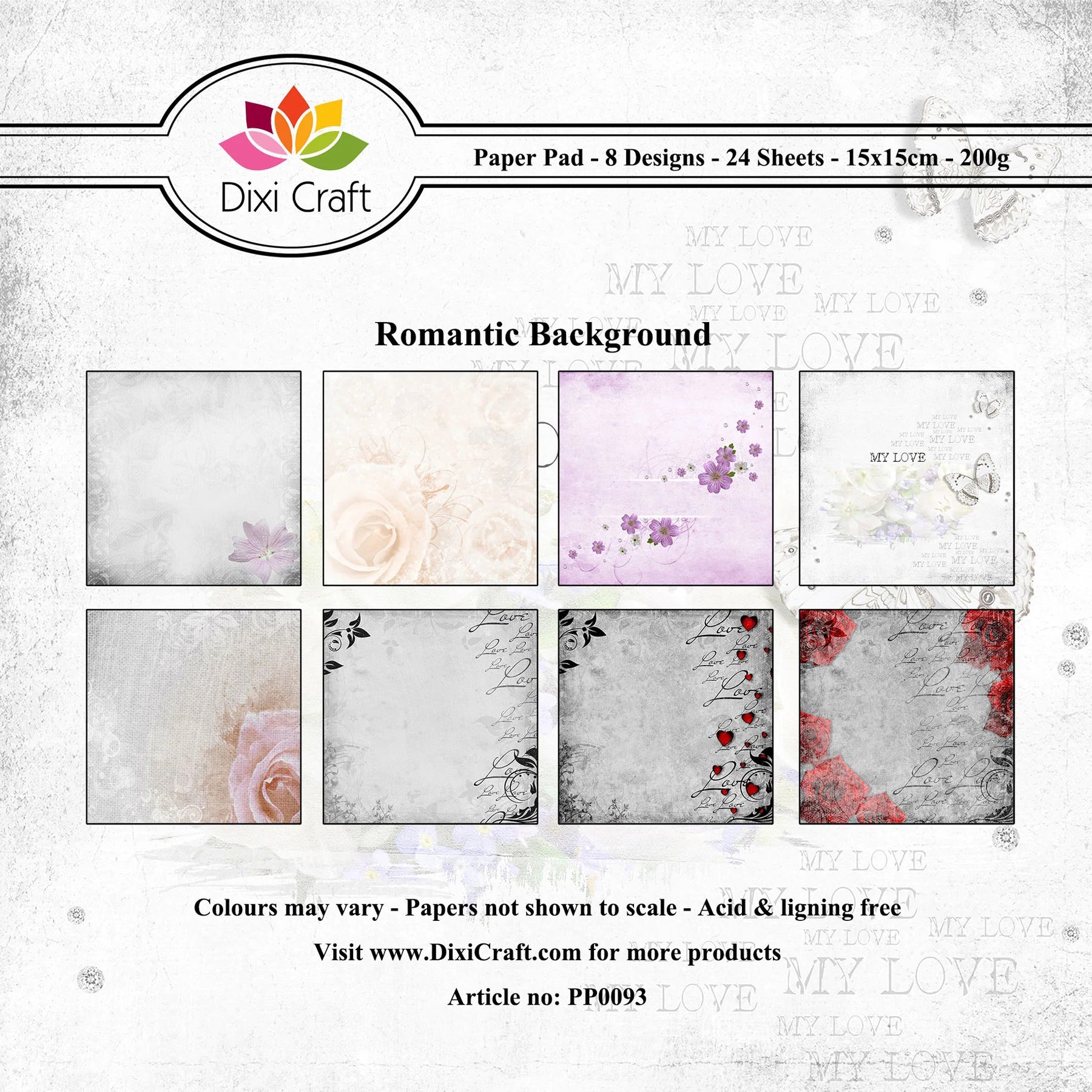 Crealive Paper Pad 200 g/m2 - 15 cm x 15 cm - Romantic Background
Inhalt:
• 24 Blatt
• 8 Designs
Spezifikationen:
• 15 cm x 15 cm
• 200 g/m2
• einseitig bedruckt
• säure- und ligninfrei
Dieses Paper Pad ist geeignet für:
• Karten
• Boxen
• 3D-Projekte
• kleine Geschenkboxen & Verpackungen
• Plotten
• Scrapbooking