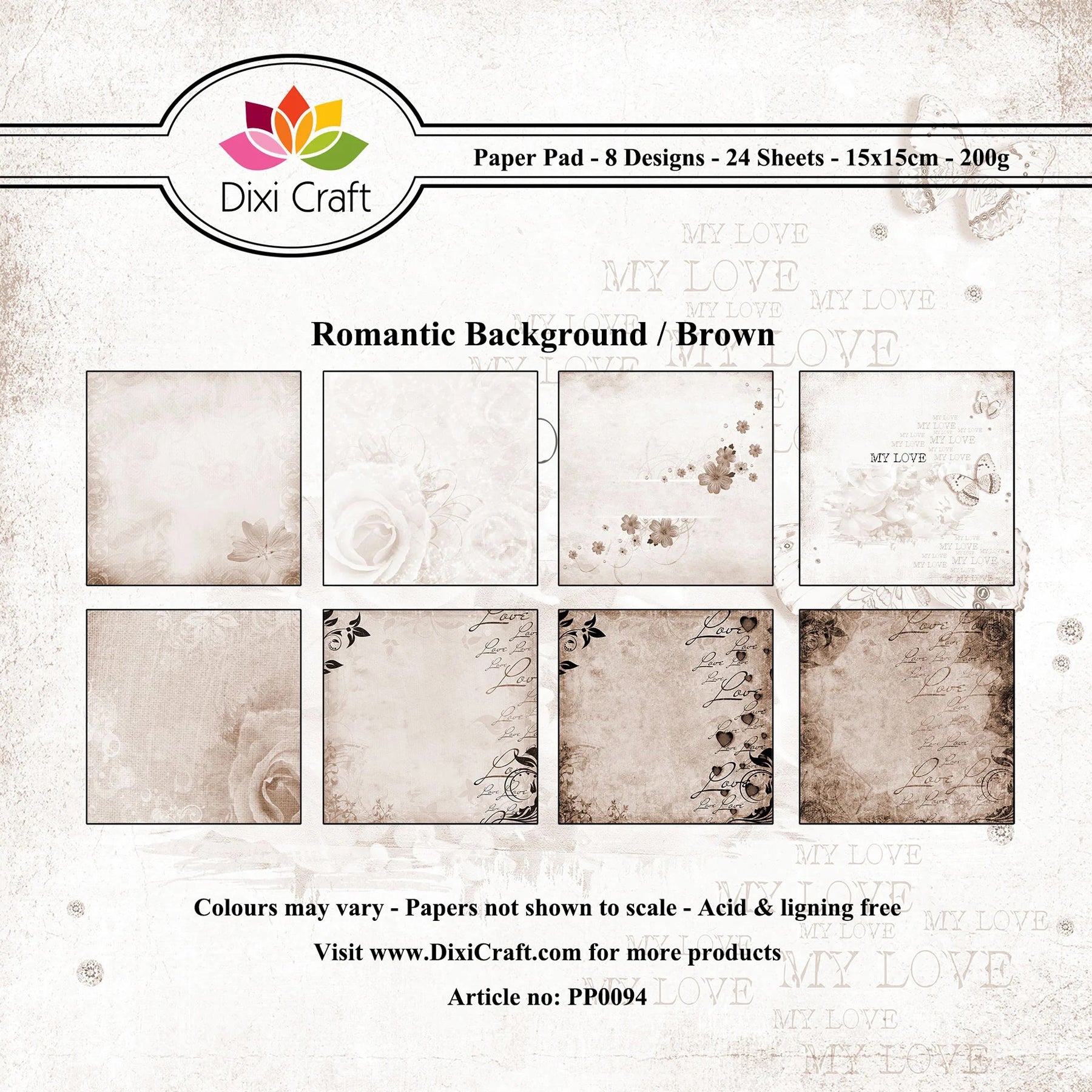 Crealive Paper Pad 200 g/m2 - 15 cm x 15 cm - Romantic Background Brown
Inhalt:
• 24 Blatt
• 8 Designs
Spezifikationen:
• 15 cm x 15 cm
• 200 g/m2
• einseitig bedruckt
• säure- und ligninfrei
Dieses Paper Pad ist geeignet für:
• Karten
• Boxen
• 3D-Projekte
• kleine Geschenkboxen & Verpackungen
• Plotten
• Scrapbooking