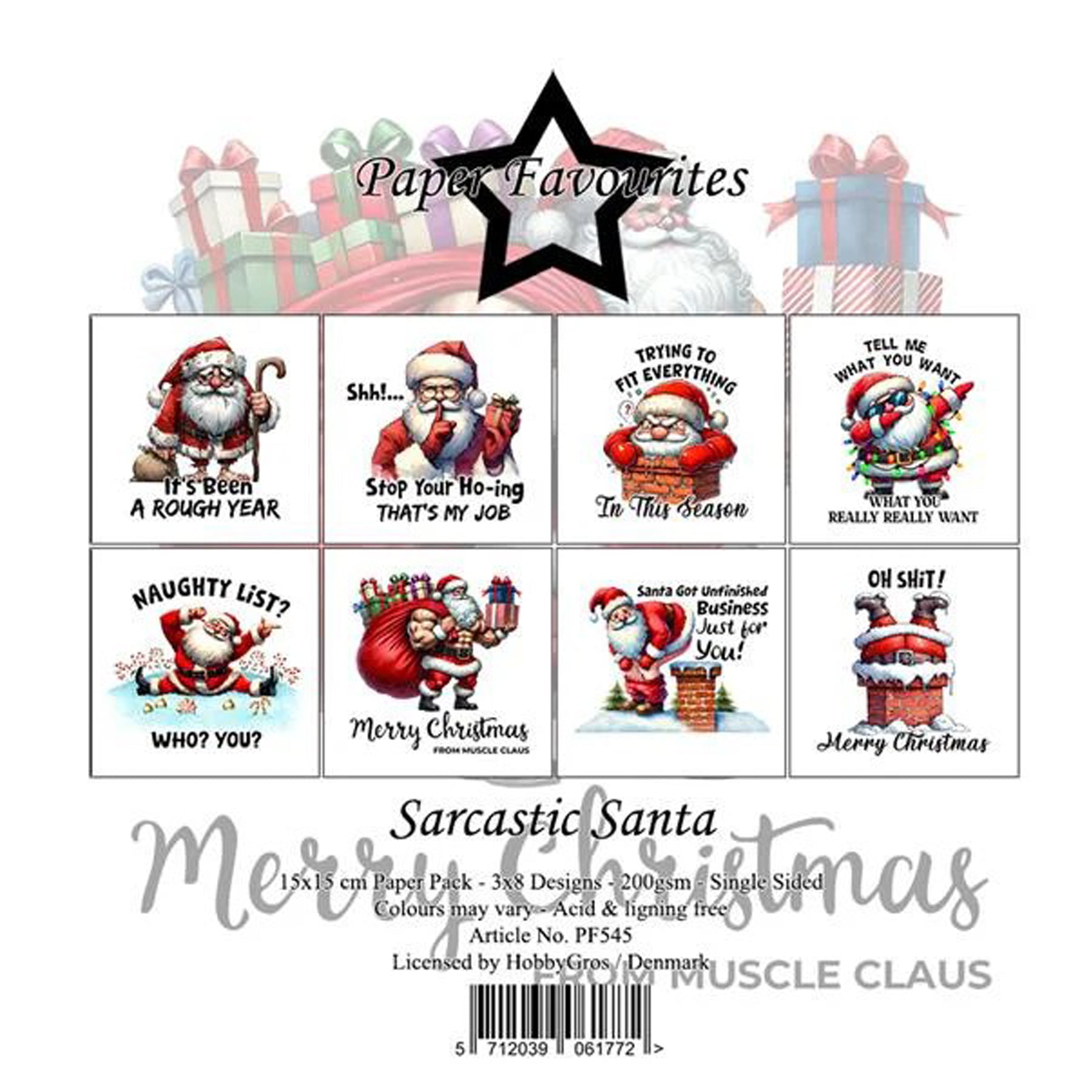 Crealive Paper Pad 200 g/m2 - 15 cm x 15 cm - Sarcastic Santa
Inhalt:
• 24 Bogen
• 8 Designs
Spezifikationen:
• 15 cm x 15 cm
• 200 g/m2
• einseitig bedruckt
• säure- und ligninfrei
Dieses Paper Pad ist geeignet für:
• Karten
• Karten-Verzierungen
• kleine Geschenkboxen & Verpackungen
• Plotten
• Stanzen
• Prägen
• Scrapbooking
• Journaling
• Mixed Media
Dieses einseitig bedruckte Designpapier mit sarkastischen Sprüchen rund um den Weihnachtsmann ist eine lustige Basis für spezielle Karten, Plotts,