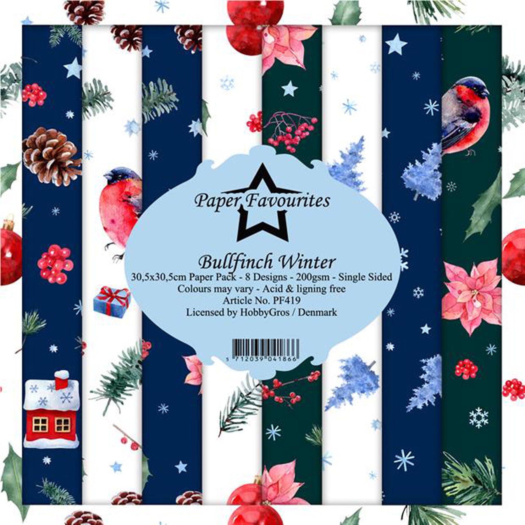 Crealive Paper Pad 200 g/m2 - 12’’ x 12’’ - Bullfinch Winter Inhalt: 8 Blatt 8 Designs Spezifikationen: 12’’ x 12’’ (30.5 cm x 30.5 cm) 200 g/m2 einseitig bedruckt säure- und ligninfrei Dieses Paper Pad ist geeignet für: Karten Boxen 3D-Projekte Geschenkboxen & Verpackungen Plotten Scrapbooking Dieses einseitig bedruckte Designpapier mit schönen, weihnachtlichen Motiven ist eine tolle Basis für kreative, spezielle, individuelle Karten, Plotts