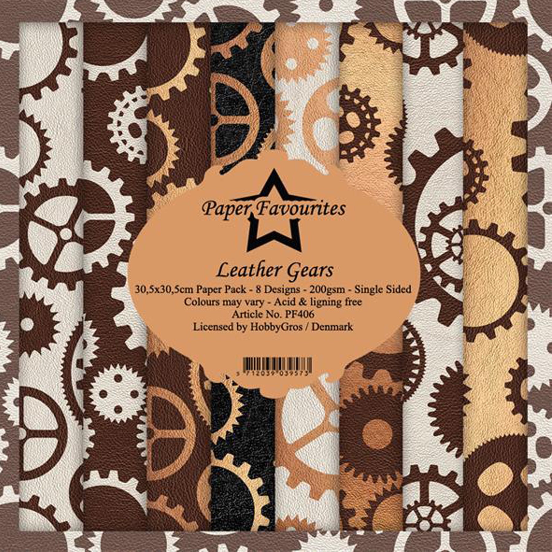 Crealive Paper Pad 200 g/m2 - 12’’ x 12’’ - Leather Gears Inhalt: 8 Blatt 8 Designs Spezifikationen: 12’’ x 12’’ (30.5 cm x 30.5 cm) 200 g/m2 einseitig bedruckt säure- und ligninfrei Dieses Paper Pad ist geeignet für: Karten Boxen 3D-Projekte Geschenkboxen & Verpackungen Plotten Scrapbooking