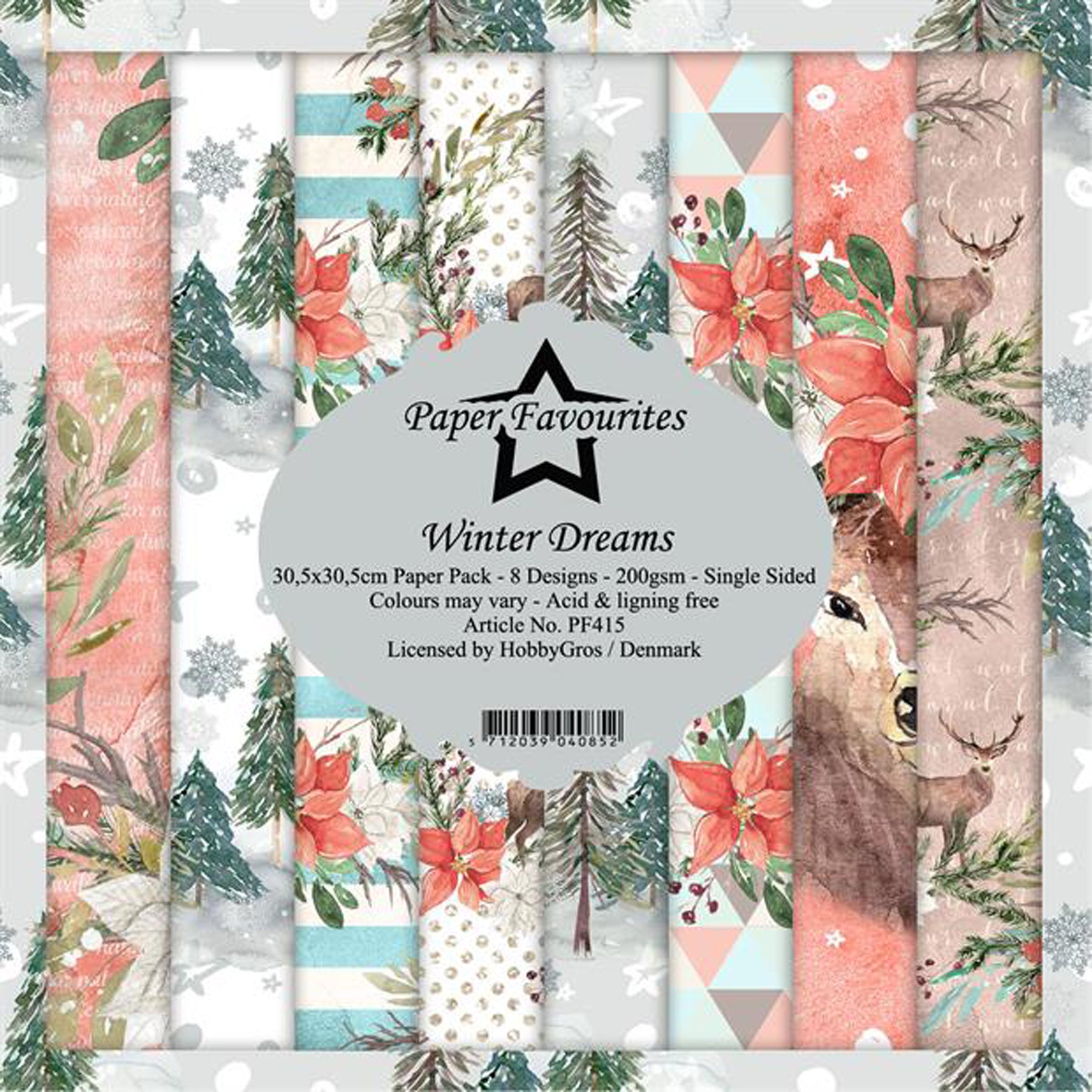 Crealive Paper Pad 200 g/m2 - 12’’ x 12’’ - Winter Dreams
Inhalt:
• 8 Blatt
• 8 Designs
Spezifikationen:
• 12’’ x 12’’ (30.5 cm x 30.5 cm)
• 200 g/m2
• einseitig bedruckt
• säure- und ligninfrei
Dieses Paper Pad ist geeignet für:
• Karten
• Boxen
• 3D-Projekte
• Geschenkboxen & Verpackungen
• Plotten
• Scrapbooking
• Basteln mit Kindern