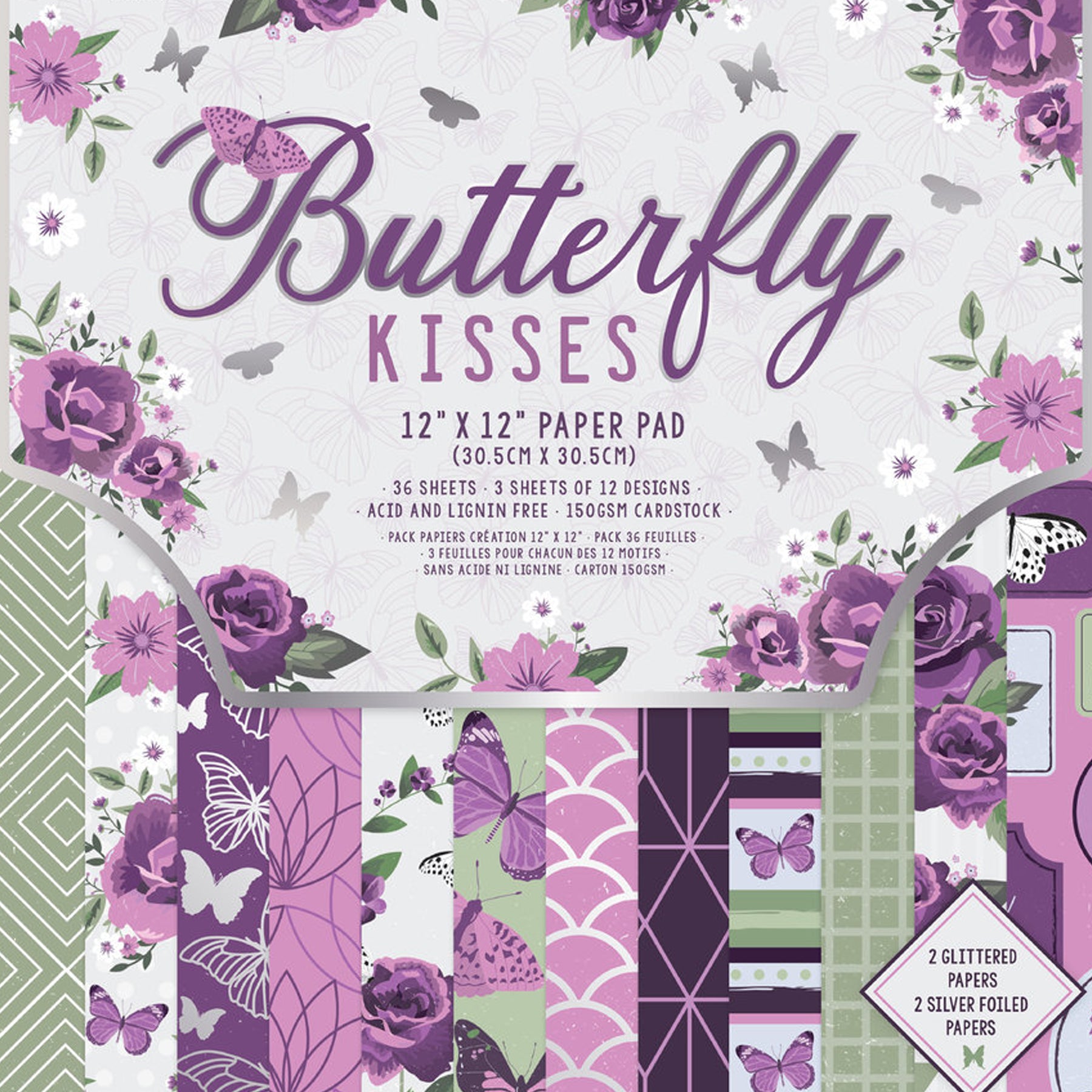 Crealive Designpapier 150 g/m2 - 12’’ x 12’’ - Butterfly Kisses
Inhalt:
• 36 Bltter
• 12 Designs
Spezifikationen:
• 12’’ x 12’’ (30.5 cm x 30.5 cm)
• 150 g/m2
• 12 Designs
• lignin- und säurefrei
• 2 Glitzerpapiere
• 2 Papiere mit Silber foliert
Dieses Paper Pad / Designpapier ist geeignet für:
• Karten-Verzierungen
• Verzierungen von Geschenkboxen & Verpackungen
• Plotten
• Scrapbooking
• Mixed Media
• Journaling