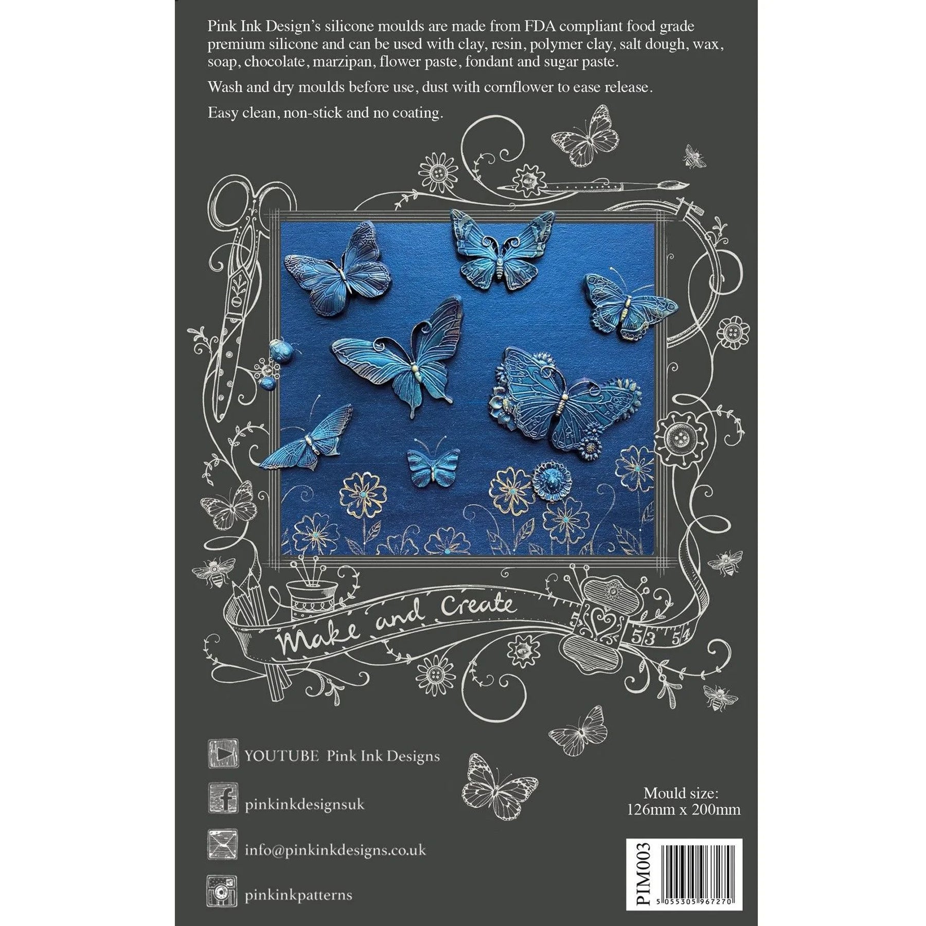 Crealive Silikon Giessform - Schmetterlinge Inhalt: • 1 Silikon Giessform mit 7 Schmetterlingen Spezifikationen: • Material: Silikon • Grösse: 12.6 x 20 cm • lebensmittelecht • besonders elastisch • mehrfach verwendbar • kann für Raysin, Beton, Seife, Resin, Marzipan oder Schokolade verwendet werden