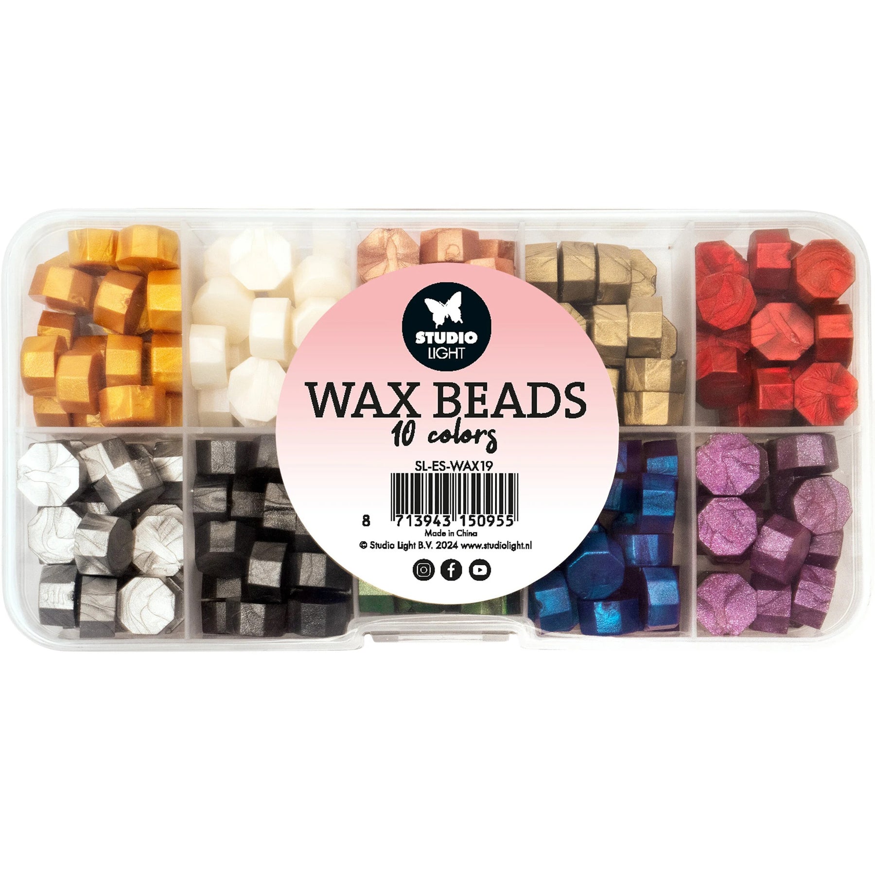 Crealive Wachsperlen - Metallic
Inhalt:
• 1 Box mit 10 Farben à 7 Gramm
Spezifikationen:
• Siegelwachs
• metallisch schimmernde Wachsperlen
• Farben: Gold, Creme, Rosé Gold, Champagner, Rot, Silber, Schwarz, Grün, Blau & Violett
• pro Siegel benötigst du ca. 2-3 Wachsperlen
Die Wachsperlen sind geeignet für:
• Siegel
• Highlights auf Karten oder Verpackungen
Marke: Studio Light
Verziere deine Briefe, Karten und Verpackungen mit traumhaften Siegel aus diesen Wachsperlen. In diesem Set sind 10 metallis