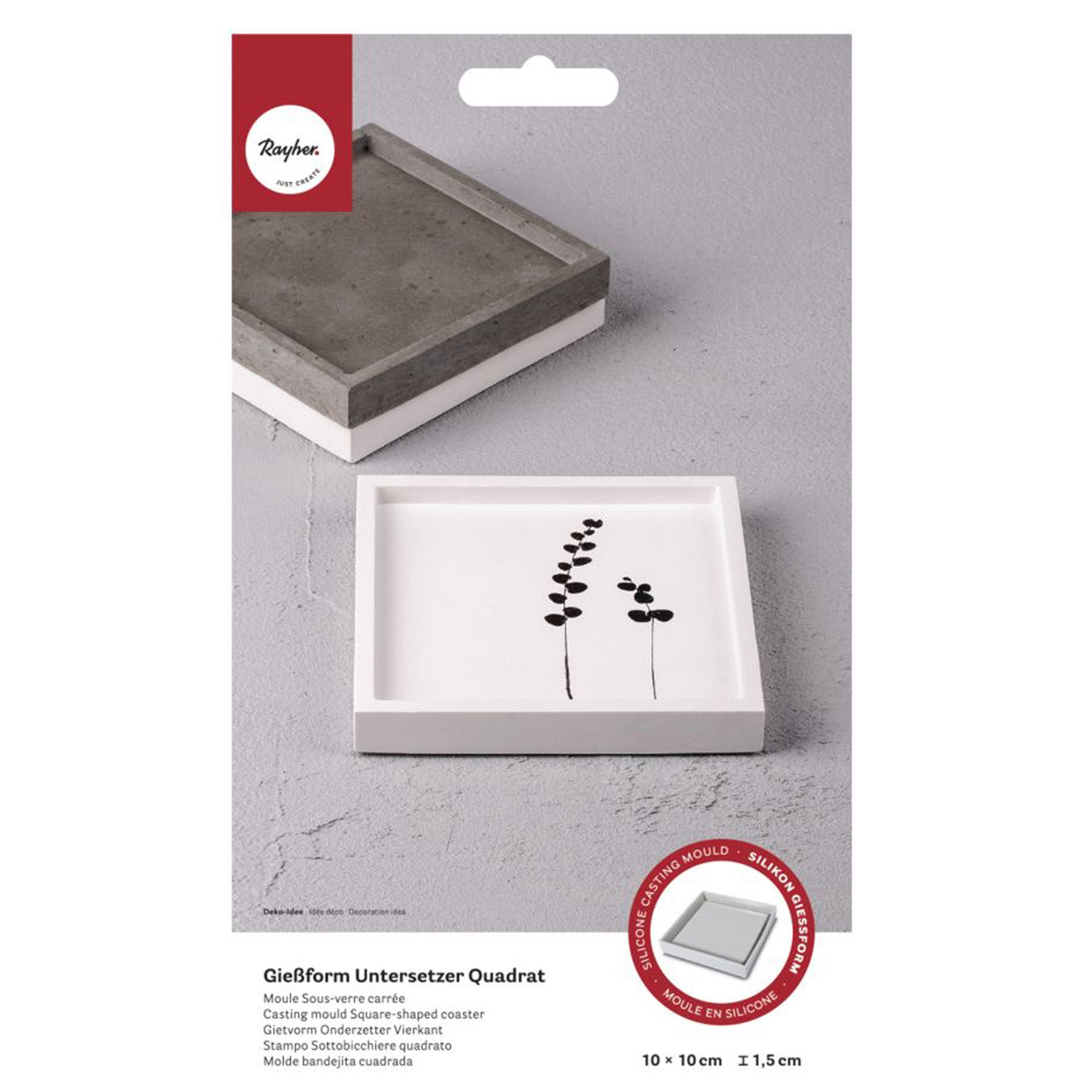 Crealive Giessform Silikon - Untersetzer Quadrat Du suchst ein Home-Accessoire als ultimativen Eyecatcher? Mit dieser hochwertigen Silikon-Giessform gelingen im Trend liegende, handgegossene Schalen/Untersetzer aus Raysin-Giesspulver. Inhalt: 1 Giessform Silikon - Untersetzer Quadrat Spezifikationen: Material: hochwertiges Silikon Formgrösse: 10 x 10 cm Höhe: 1.5 cm