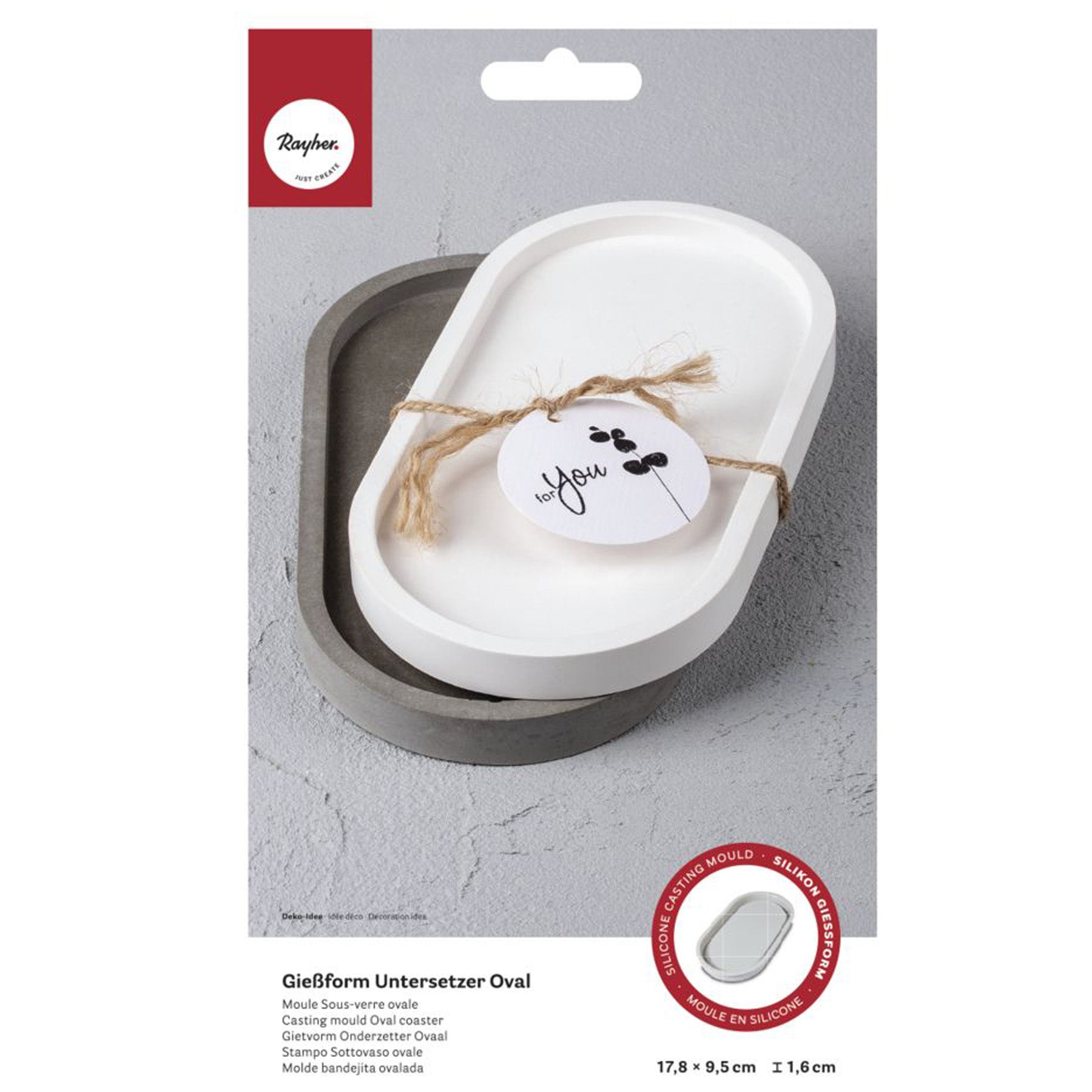 Crealive Giessform Silikon - Untersetzer Oval Du suchst ein Home-Accessoire als ultimativen Eyecatcher? Mit dieser hochwertigen Silikon-Giessform gelingen im Trend liegende, handgegossene Schalen/Untersetzer aus Raysin-Giesspulver. Inhalt: 1 Giessform Silikon - Untersetzer Oval Spezifikationen: Material: hochwertiges Silikon Formgrösse: 17.8 x 9.5 cm Höhe: 1.6 cm äusserst elastisch formstabil
