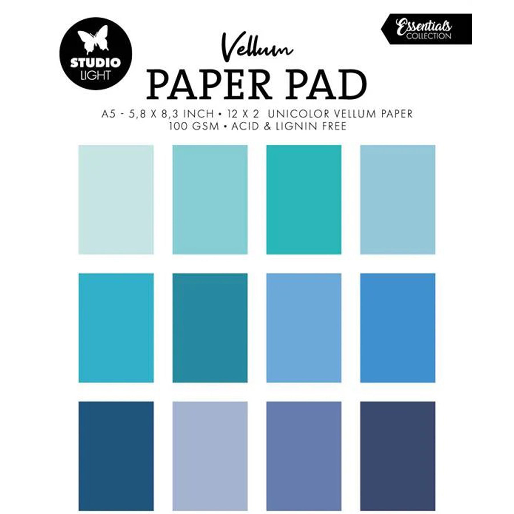 Crealive Transparentpapier / Vellum 100 g/m2 - A5 - Shades of Blue
Inhalt:
• 24 Transparentpapiere
Spezifikationen:
• A5 (14.8 cm x 21 cm)
• 100 g/m2
• 2 x 12 verschiedene Blautöne
• milchig transparent
• lignin- und säurefrei
Transparentpapier / Vellum ist geeignet für:
• Verzierungen von Karten, Boxen, Geschenk-Verpackungen, Geschenktaschen, etc.
• Scrapbooking
• Mixed-Media
• Journaling
• DIY-Deko
• Fenster-Dekorationen
• Fenster bei Häuschen
• Halbtransparentes Sichtfenster bei Boxen & Verpackunge