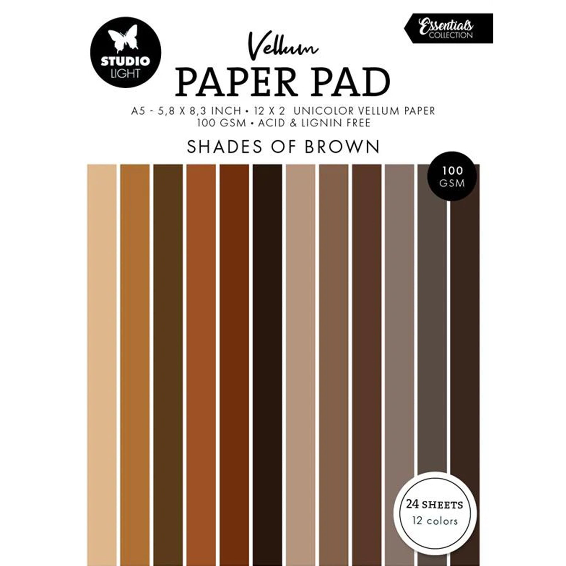 Crealive Transparentpapier / Vellum 100 g/m2 - A5 - Shades of Brown
Inhalt:
• 24 Transparentpapiere
Spezifikationen:
• A5 (14.8 cm x 21 cm)
• 100 g/m2
• 2 x 12 verschiedene Brauntöne
• milchig transparent
• lignin- und säurefrei
Transparentpapier / Vellum ist geeignet für:
• Verzierungen von Karten, Boxen, Geschenk-Verpackungen, Geschenktaschen, etc.
• Scrapbooking
• Mixed-Media
• Journaling
• DIY-Deko
• Fenster-Dekorationen
• Fenster bei Häuschen
• Halbtransparentes Sichtfenster bei Boxen & Verpackung