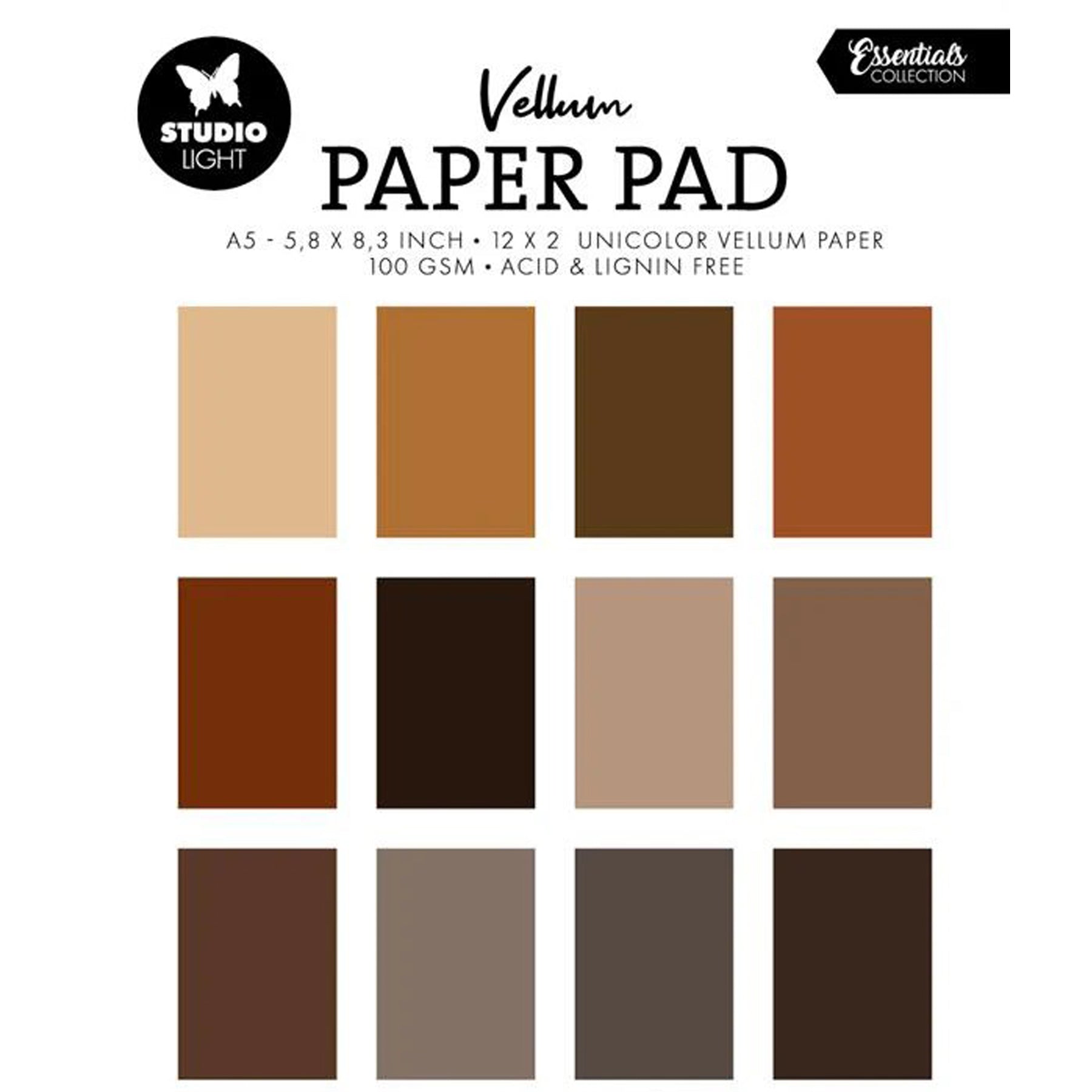 Crealive Transparentpapier / Vellum 100 g/m2 - A5 - Shades of Brown
Inhalt:
• 24 Transparentpapiere
Spezifikationen:
• A5 (14.8 cm x 21 cm)
• 100 g/m2
• 2 x 12 verschiedene Brauntöne
• milchig transparent
• lignin- und säurefrei
Transparentpapier / Vellum ist geeignet für:
• Verzierungen von Karten, Boxen, Geschenk-Verpackungen, Geschenktaschen, etc.
• Scrapbooking
• Mixed-Media
• Journaling
• DIY-Deko
• Fenster-Dekorationen
• Fenster bei Häuschen
• Halbtransparentes Sichtfenster bei Boxen & Verpackung