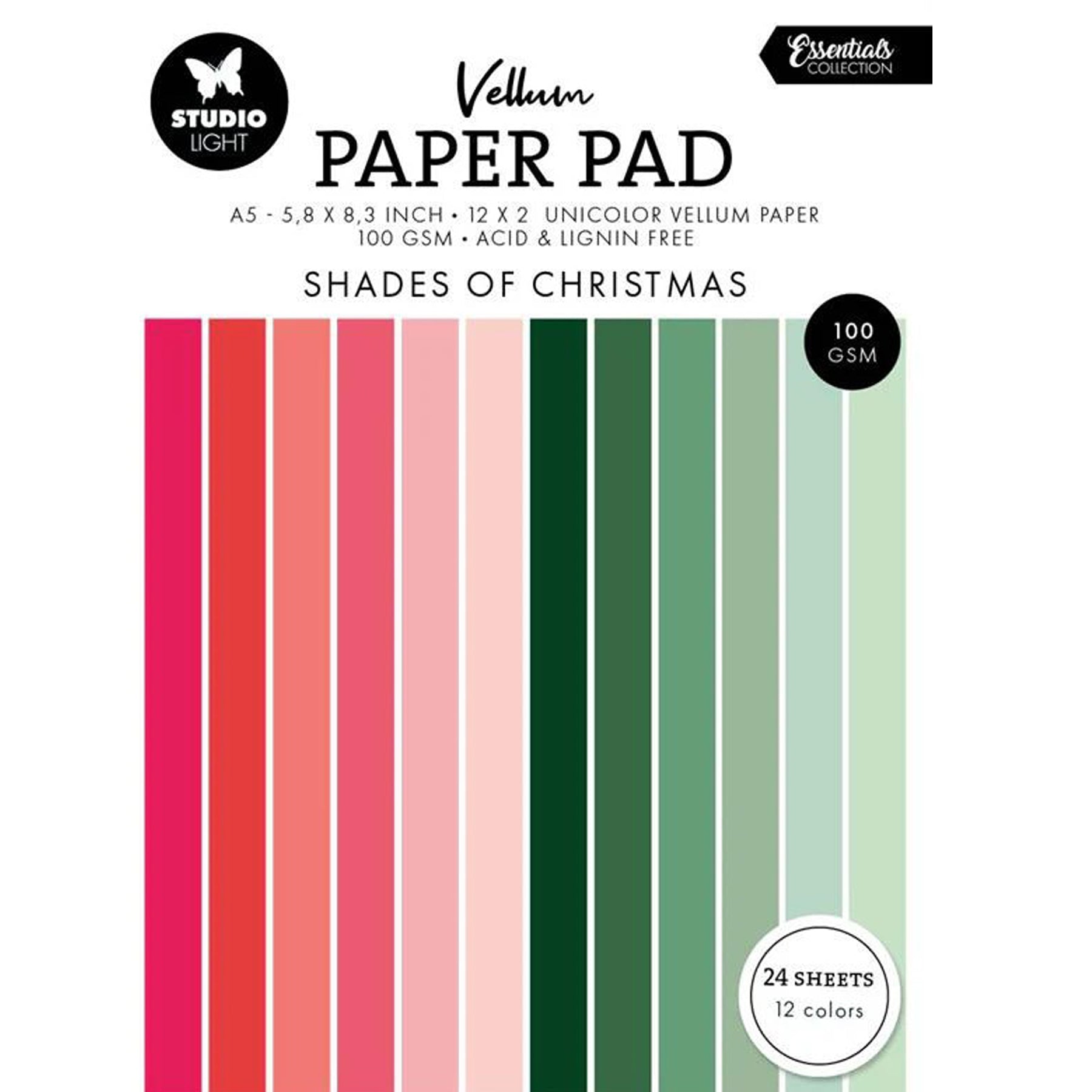 Crealive Transparentpapier / Vellum 100 g/m2 - A5 - Shades of Christmas
Inhalt:
• 24 Transparentpapiere
Spezifikationen:
• A5 (14.8 cm x 21 cm)
• 100 g/m2
• 2 x 12 verschiedene Rot- und Grüntöne
• milchig transparent
• lignin- und säurefrei
Transparentpapier / Vellum ist geeignet für:
• Verzierungen von Karten, Boxen, Geschenk-Verpackungen, Geschenktaschen, etc.
• Scrapbooking
• Mixed-Media
• Journaling
• DIY-Deko
• Fenster-Dekorationen
• Fenster bei Häuschen
• Halbtransparentes Sichtfenster bei Boxen