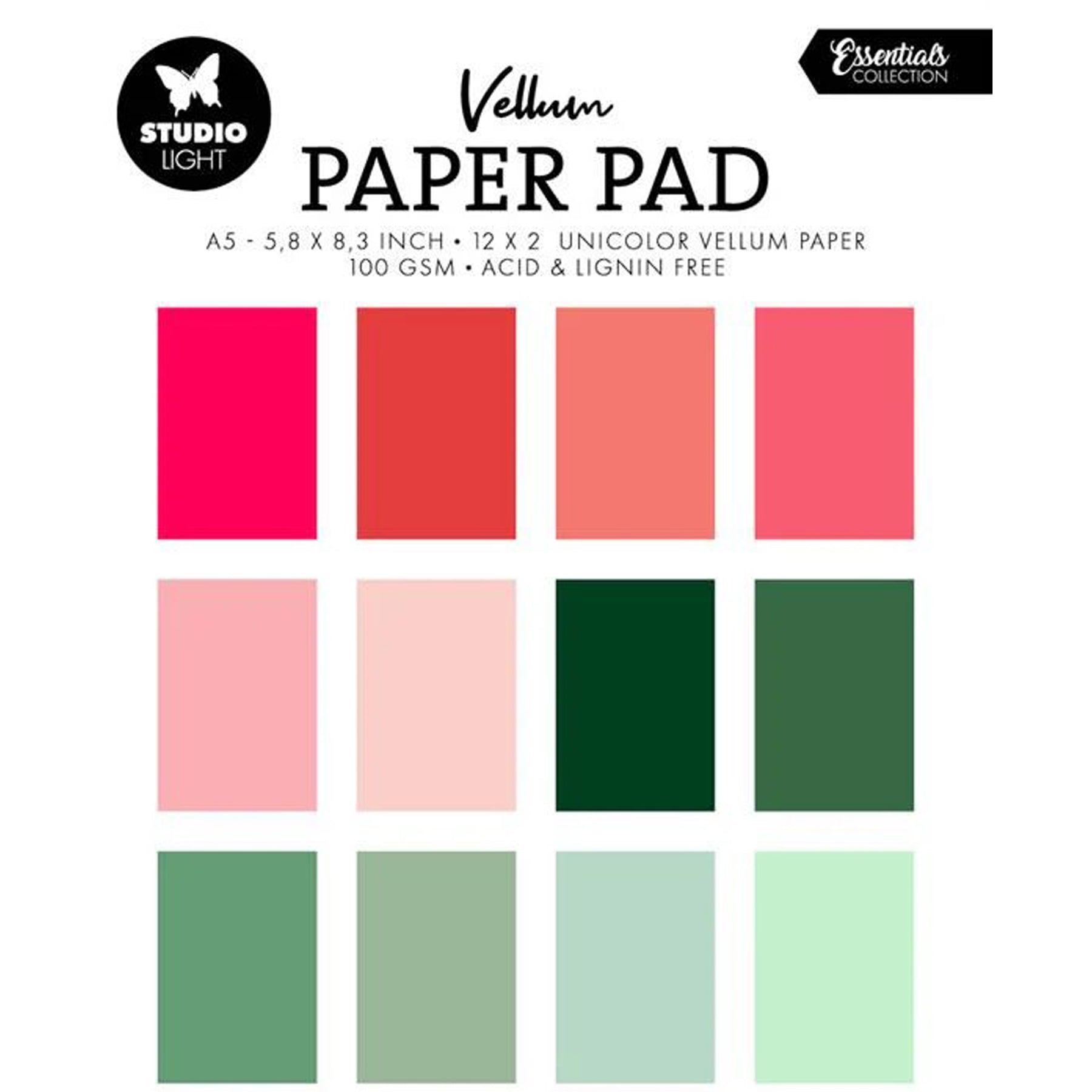 Crealive Transparentpapier / Vellum 100 g/m2 - A5 - Shades of Christmas
Inhalt:
• 24 Transparentpapiere
Spezifikationen:
• A5 (14.8 cm x 21 cm)
• 100 g/m2
• 2 x 12 verschiedene Rot- und Grüntöne
• milchig transparent
• lignin- und säurefrei
Transparentpapier / Vellum ist geeignet für:
• Verzierungen von Karten, Boxen, Geschenk-Verpackungen, Geschenktaschen, etc.
• Scrapbooking
• Mixed-Media
• Journaling
• DIY-Deko
• Fenster-Dekorationen
• Fenster bei Häuschen
• Halbtransparentes Sichtfenster bei Boxen