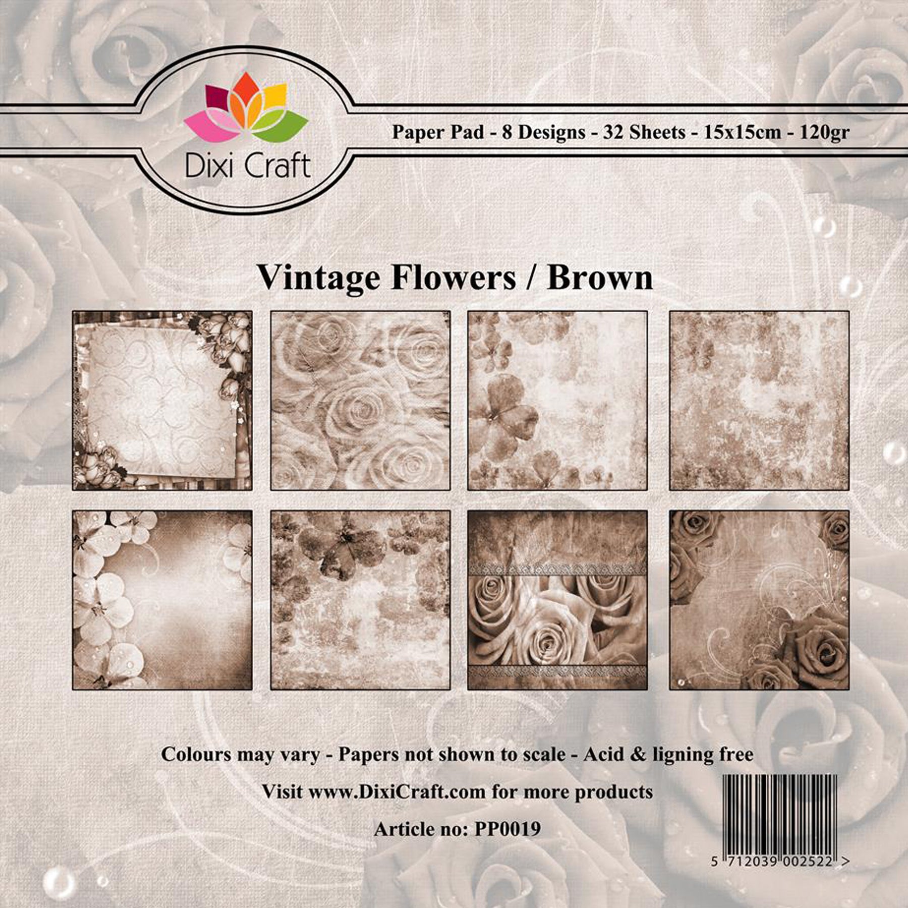 Crealive Paper Pad 120 g/m2 - 15 cm x 15 cm - Vintage Flowers Brown
Inhalt:
• 32 Blatt
• 8 Designs
Spezifikationen:
• 15 cm x 15 cm
• 120 g/m2
• einseitig bedruckt
• säure- und ligninfrei
Dieses Paper Pad ist geeignet für:
• Karten
• Karten- und Boxendekorationen
• Plotten
• Scrapbooking