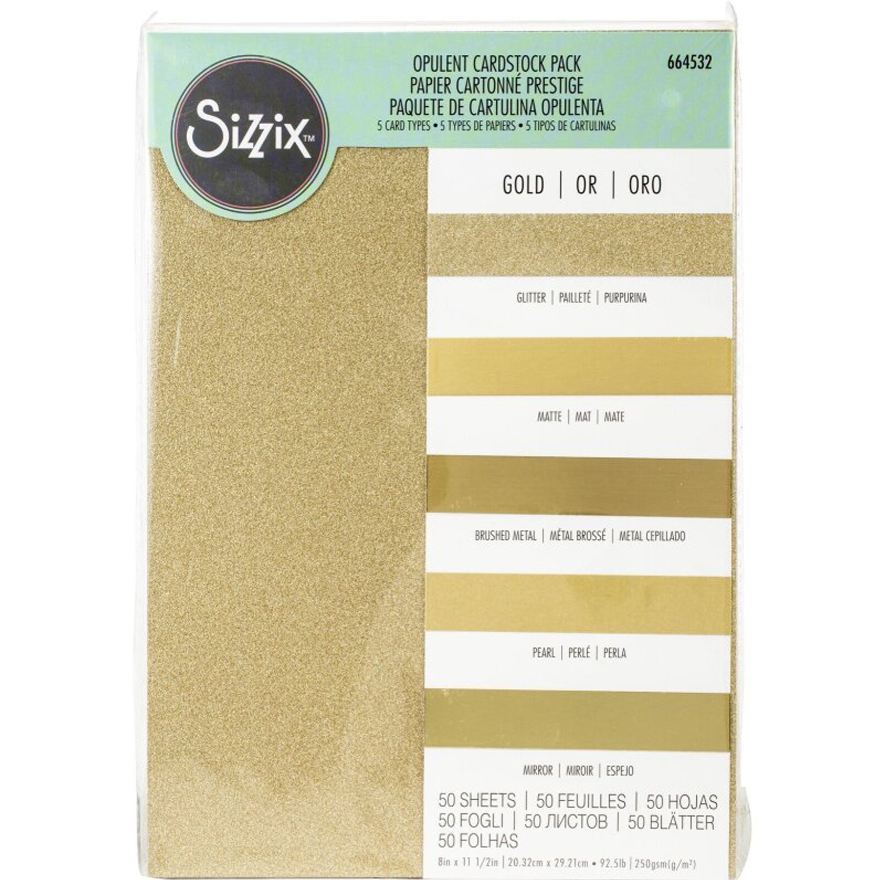 Crealive Sizzix Opulent Cardstock - Gold Inhalt: 50 Bögen Spezifikationen: 8’’ x 11.5’’ (20.32 x 29.21 cm) 250 g/m2 10 Bögen Spiegelkarton 10 Bögen Matt-Metallic 10 Bögen gebürstete Metall-Optik 10 Bögen Glitzer 10 Bögen Perlmutt-Glanz Diese verschiedenen Papiere sind geeignet für: Karten Karten- Verzierungen Geschenkboxen & Verpackungen Plotten Scrapbooking Stanzen