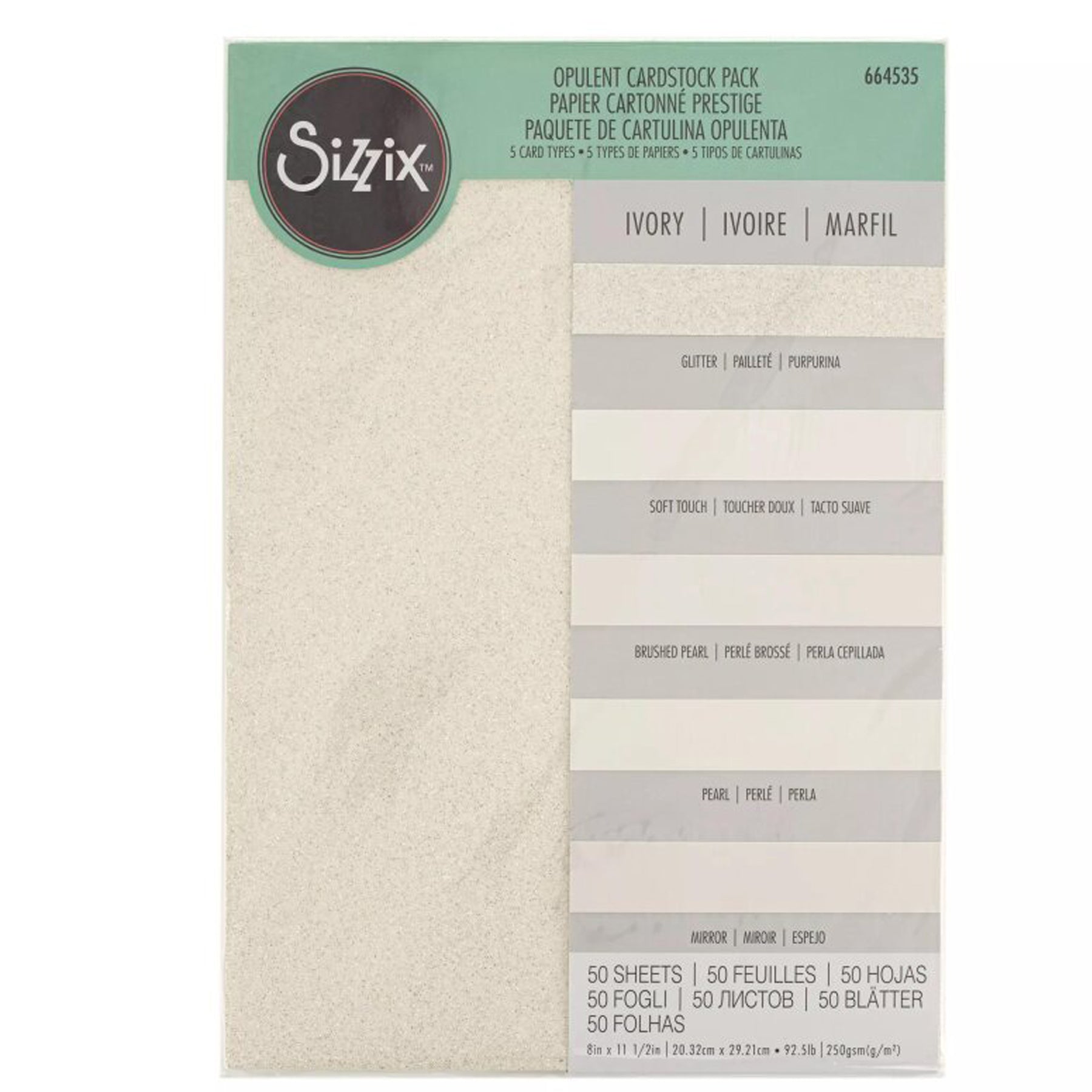 Crealive Sizzix Opulent Cardstock - Ivory Inhalt: 50 Bögen Spezifikationen: 8’’ x 11.5’’ (20.32 cm x 29.21 cm) 250 g/m2 10 Bögen Spiegelkarton 10 Bögen Matt-Metallic 10 Bögen gebürstete Metall-Optik 10 Bögen Glitzer 10 Bögen Perlmutt-Glanz Farbe: Ivory Diese verschiedenen Papiere sind geeignet für: Karten Karten- Verzierungen Geschenkboxen & Verpackungen Plotten Scrapbooking Stanzen Prägen