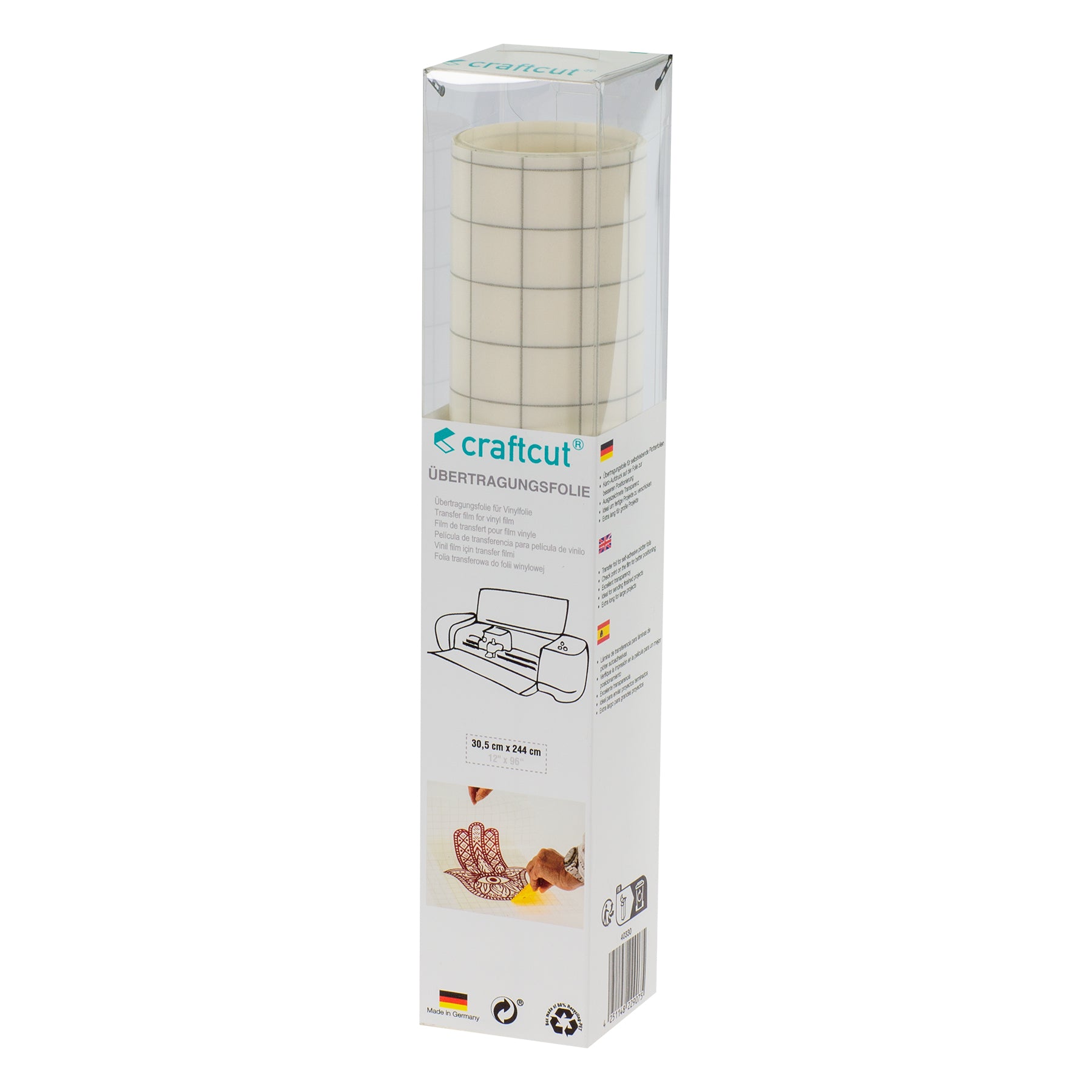 Crealive craftcut® Übertragungsfolie für Vinylfolie - 30.5 cm x 244 cm Mit der craftcut® Übertragungsfolie für Plotterfolien überträgst Du rasch und unkompliziert deine Vinylfolie auf Deko-Gegenstände, Karten & Verpackungen. Dank des Karo-Aufdruck (Hilfslinien) direkt auf der Folie wird das Ausrichten sowie die richtige Proportionierung zum Kinderspiel. Die Übertragungsfolie eignet sich zur Nass- und Trockenverklebung. Inhalt: 1 Rolle à 30.5 cm x 244 cm