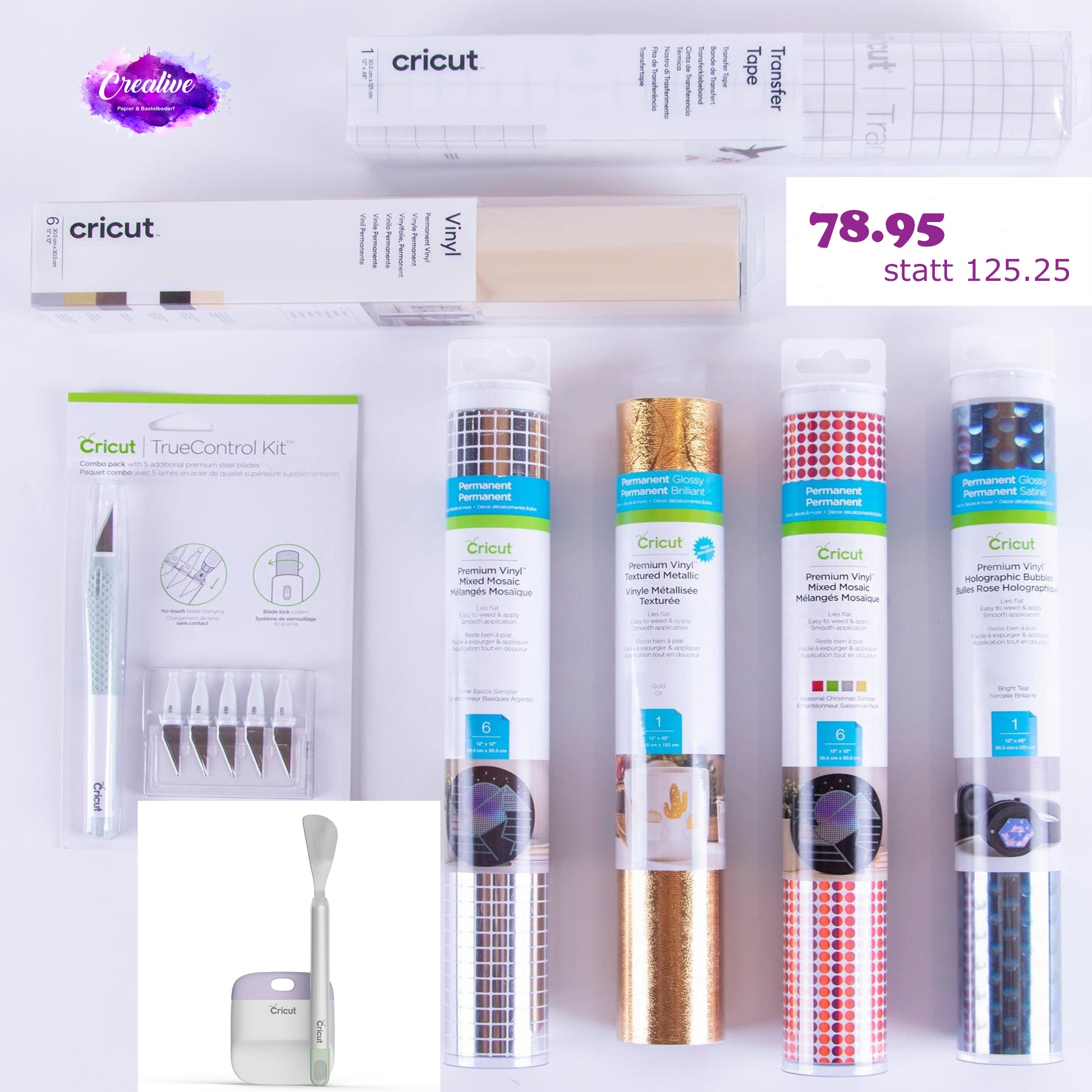 Crealive Crealive Cricut Vinyl Starter Kit Mit diesem Cricut Vinyl Starter Kit hast Du eine tolle Basis für den Start mit Vinylfolien. Insgesamt 21 Vinylfolien, Übertragungsfolie, das TrueControl Messer Kit mit Ersatzklingen und ein Werkzeugset mit Spatel und Rakel.