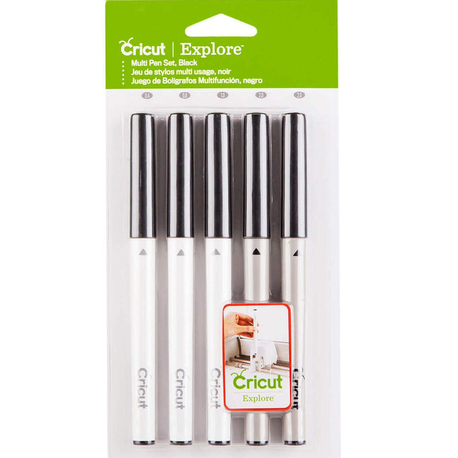 Crealive Cricut Zeichenstifte-Set Schwarz / Multi Pen Set Black
Inhalt:
• 1 x Finepoint-Stift 0.4 mm Schwarz
• 1 x Glitzer-Stift 0.8 mm Schwarz
• 1 x.Filz-Stift 1.0 mm Schwarz
• 2 x Kalligraphie-Stifte 2.0 mm Schwarz
Spezifikationen:
• Spitzen zwischen 04mm bis 2.0 mm
• Farbe: Schwarz
• wasserbasiert
• säurefrei
• ungiftig
• nach dem Trocknen permanent
Anleitung:
• Design auswählen
• Stift in die Halterung (A)
• Loslegen