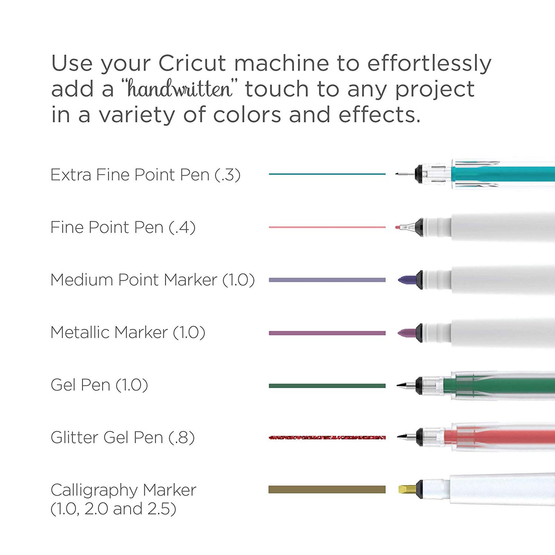 Crealive Cricut Zeichenstifte-Set Schwarz / Multi Pen Set Black
Inhalt:
• 1 x Finepoint-Stift 0.4 mm Schwarz
• 1 x Glitzer-Stift 0.8 mm Schwarz
• 1 x.Filz-Stift 1.0 mm Schwarz
• 2 x Kalligraphie-Stifte 2.0 mm Schwarz
Spezifikationen:
• Spitzen zwischen 04mm bis 2.0 mm
• Farbe: Schwarz
• wasserbasiert
• säurefrei
• ungiftig
• nach dem Trocknen permanent
Anleitung:
• Design auswählen
• Stift in die Halterung (A)
• Loslegen