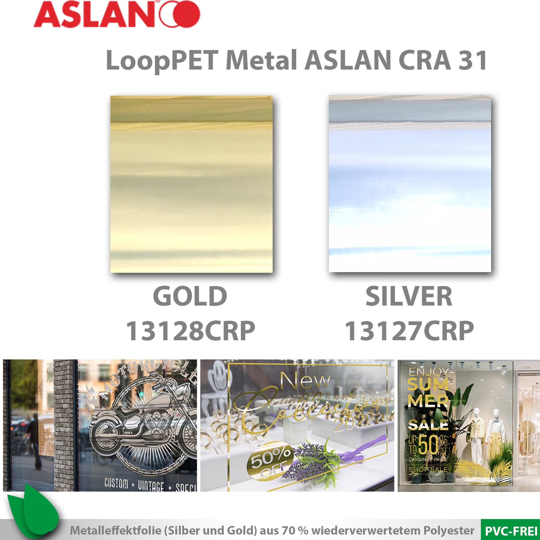Crealive ASLAN LoopPET Metal CRA 31 Selbstklebende Metalleffektfolie aus recyceltem Polyester (Anteil mind. 70 %), zum plotten als auch als bedruckbare Metalleffektfolie. Hochglänzende Silber und Gold Oberfläche mit beidseitigen Metalleffekt, ideal für die Verklebung auf transparenten Flächen wie Glas oder Acryl. Für hochwertige Drucke mit Latex- und UV-härtenden Tinten, PVC-frei und mit einem wasserbasierenden Kleber ausgestattet. Eignet sich für ebene Flächen im Innen- und Aussenbereich.