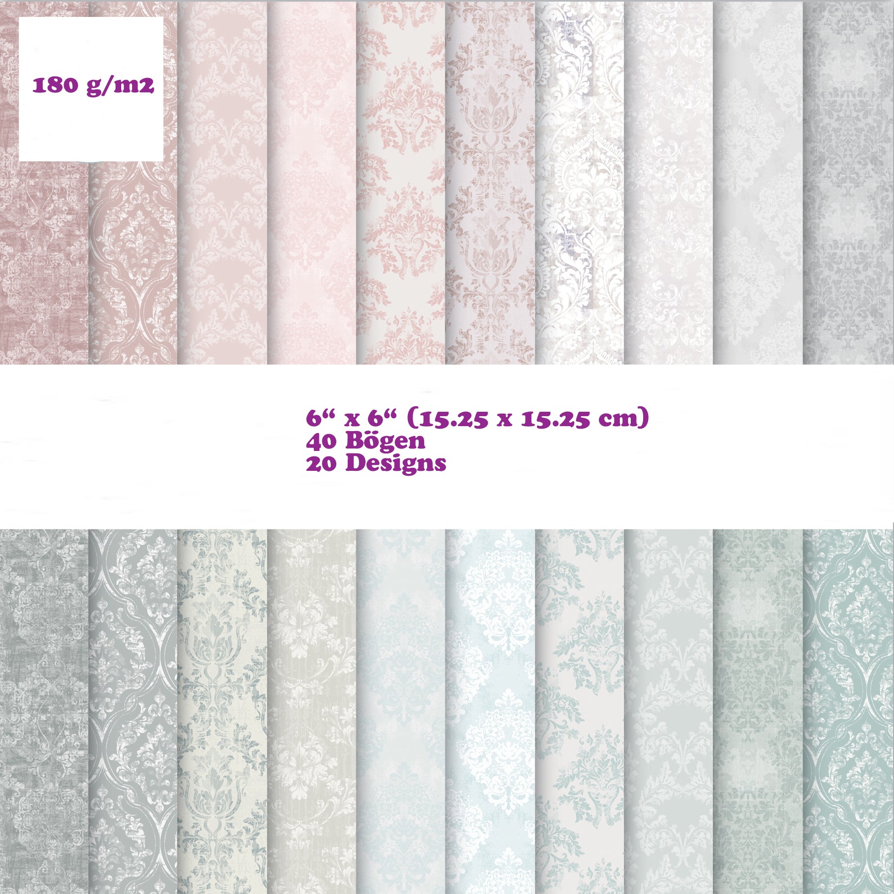 Crealive Premium Paper Pad 180 g/m2 - 6’’ x 6’’ - Baroque Inhalt: 40 Bogen 20 Designs beidseitig bedruckt Spezifikationen: 6’’ x 6’’ (15.25 cm x 15.25 cm) 180 g/m2 beidseitig bedruckt säure- und ligninfrei lässt sich super schneiden Dieses Paper Pad / Designpapier ist geeignet für: Karten-Verzierungen Verpackungs-Dekoration Plotten Scrapbooking
