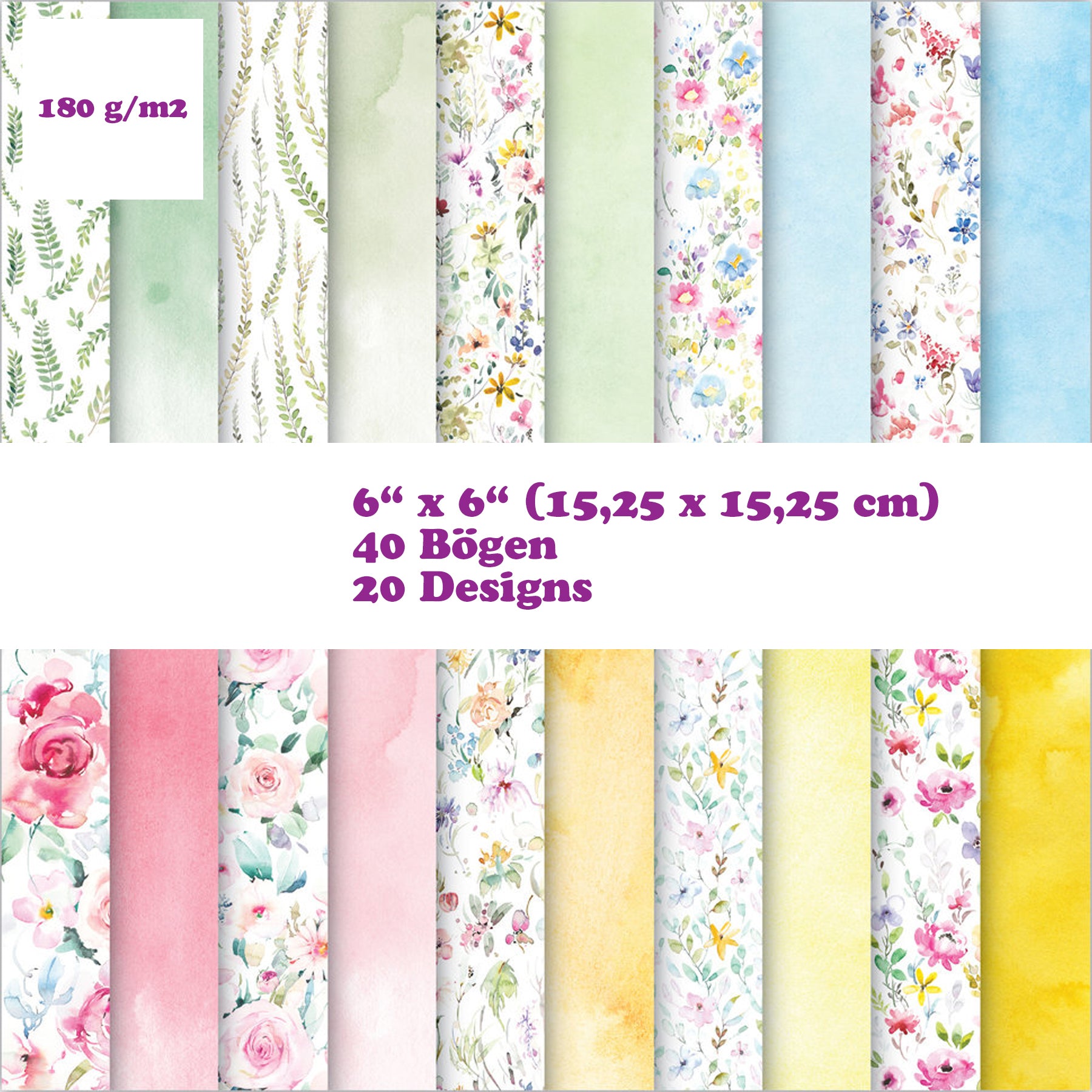 Crealive Premium Paper Pad 180 g/m2 - 12’’ x 12’’ - Bloom & Wild Inhalt: 40 Bogen 20 Designs beidseitig bedruckt Spezifikationen: 6’’ x 6’’ (15.25 cm x 15.25 cm) 180 g/m2 beidseitig bedruckt säure- und ligninfrei lässt sich super schneiden Dieses Paper Pad / Designpapier ist geeignet für: Karten-Verzierungen Verpackungs-Dekoration Plotten Scrapbooking
